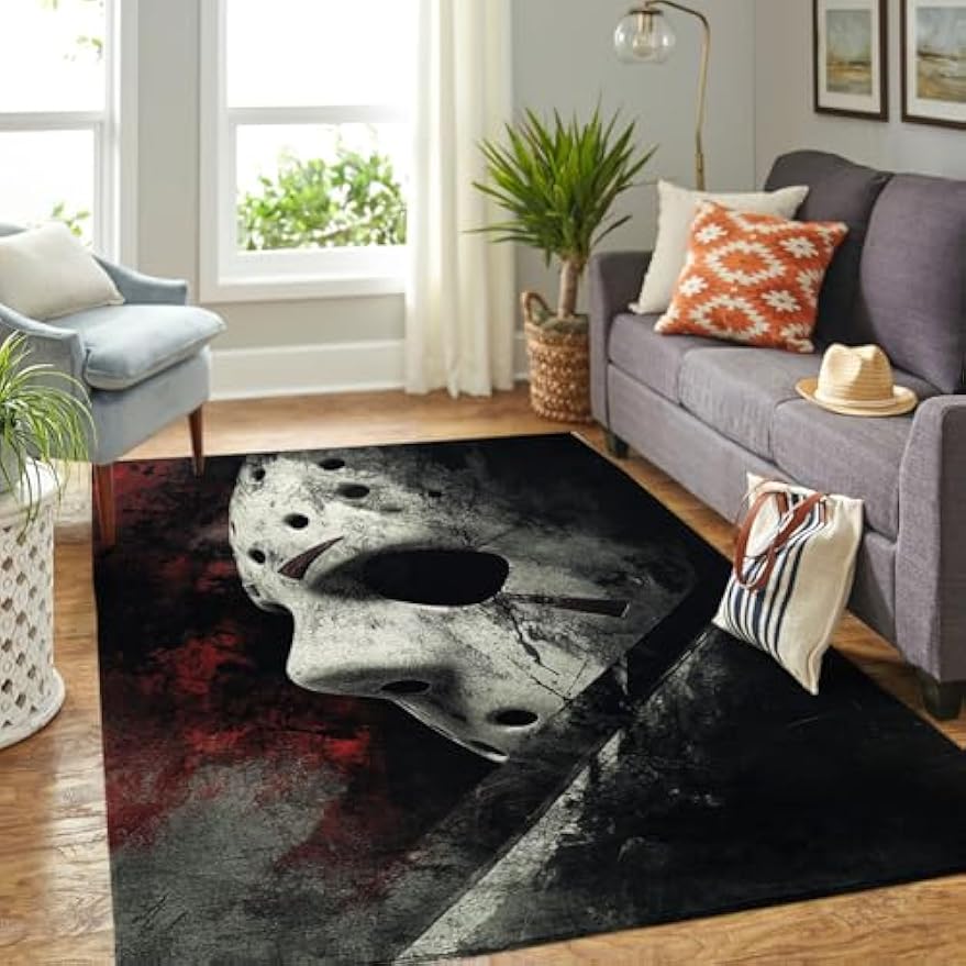 Jason-Voorhees Halloween Rug - 3D Printed Horror Skull Carpet, Non-Slip Area Rug for Living Room, Bedroom, Nursery & Playroom, Washable Halloween Decor (36 * 60 inches)