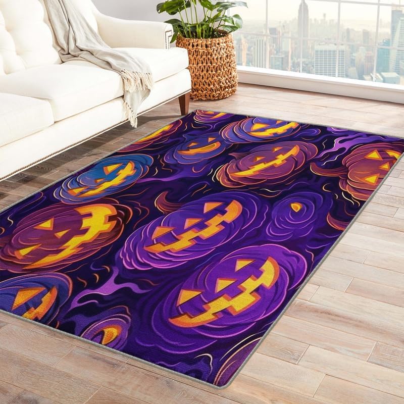 Washable Rugs for Living Room Bedroom, Halloween Rug & Home Decor, Ghost and Bat Area Rug 5x6, Non Slip Soft Low Pile Non-Shedding Indoor Carpet, Decorative Patterned Rug