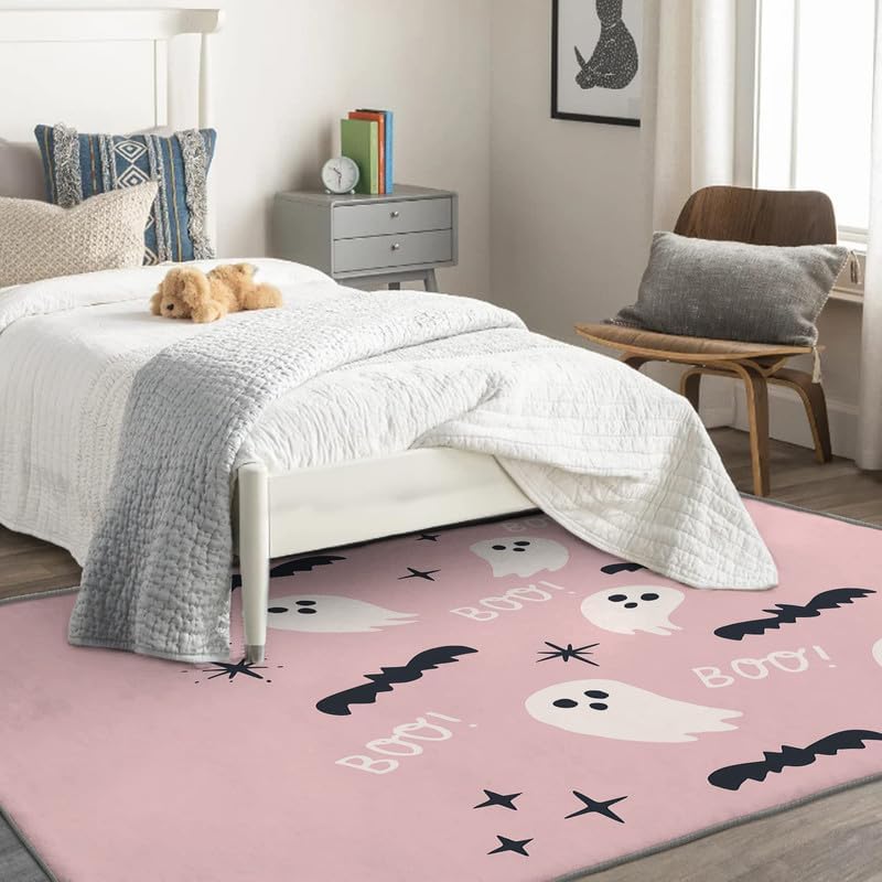 Washable Rugs for Living Room Bedroom, Halloween Rug & Home Decor, Ghost and Bat Area Rug 5x6, Non Slip Soft Low Pile Non-Shedding Indoor Carpet, Decorative Patterned Rug