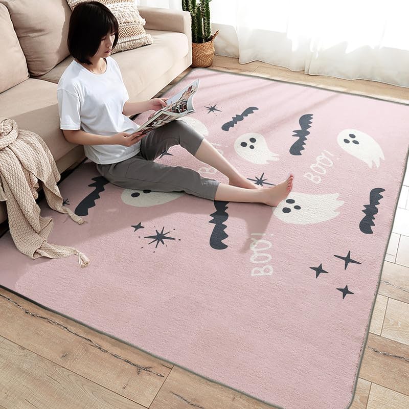 Washable Rugs for Living Room Bedroom, Halloween Rug & Home Decor, Ghost and Bat Area Rug 5x6, Non Slip Soft Low Pile Non-Shedding Indoor Carpet, Decorative Patterned Rug