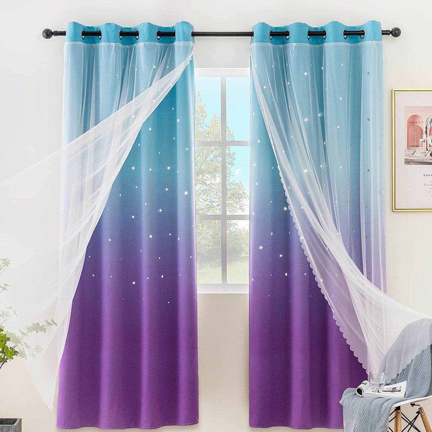 Stiio 2 Panels Girls Stars Rainbow Curtains W52xL84 inches for Bedroom, Kids Blackout Curtains Colorful Ombre Nursery Curtains with Sheer Princess Cutout Curtains for Bedroom Living Room, Yellow Pink