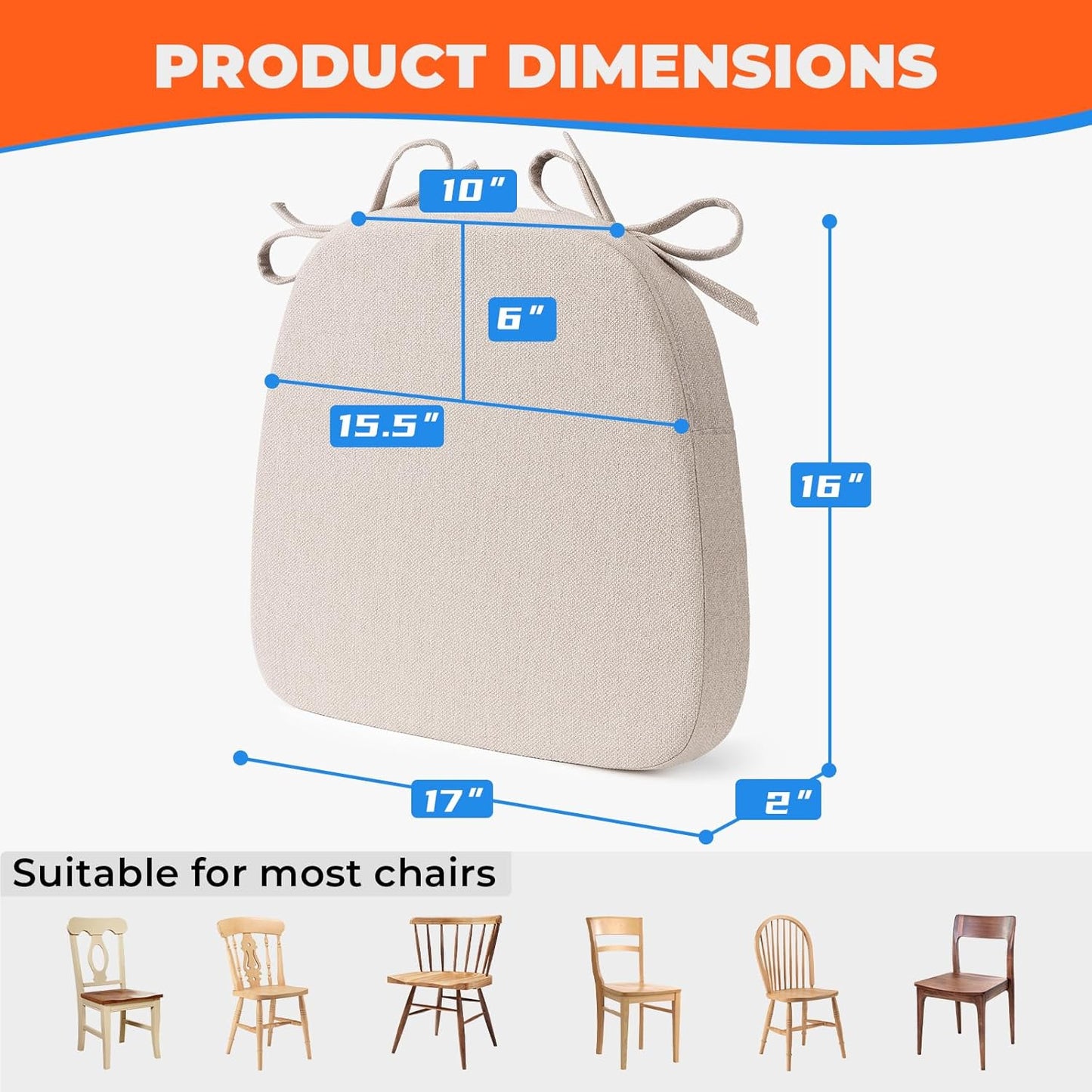 4 Pack 17'' x 16'' Chair Cushions, 2" Thick Dining Chair Pads with Ties and Removable Washable Cover, Seat Cushion for Kitchen Chairs, Indoor Dining Room, Patio Chairs, Beige