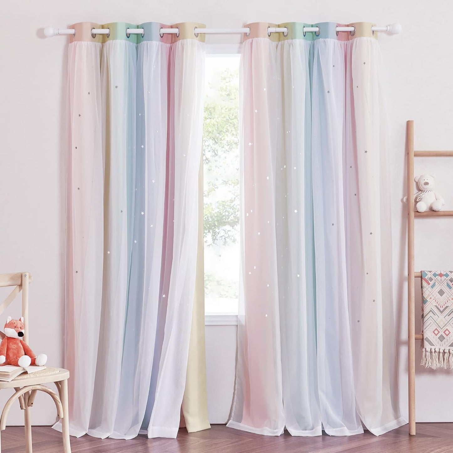 NICETOWN Rainbow Window Curtain Girls Kids Playroom Pastel Colorful Nursery Ombre 84 inches Long Blackout Curtains for Bedroom Living Room, 2 Panels, Grommet Top, 52" W x 84’L, Teal & Purple