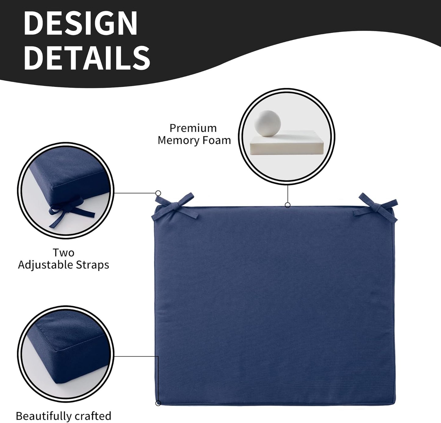 Outdoor Chair Cushions Set of 4,Patio Cushions for Outdoor Furniture,Waterproof Patio Chair Cushions with Ties,Memory Foam Outdoor Seat Cushion,18.5"x16"x3" (Navy)