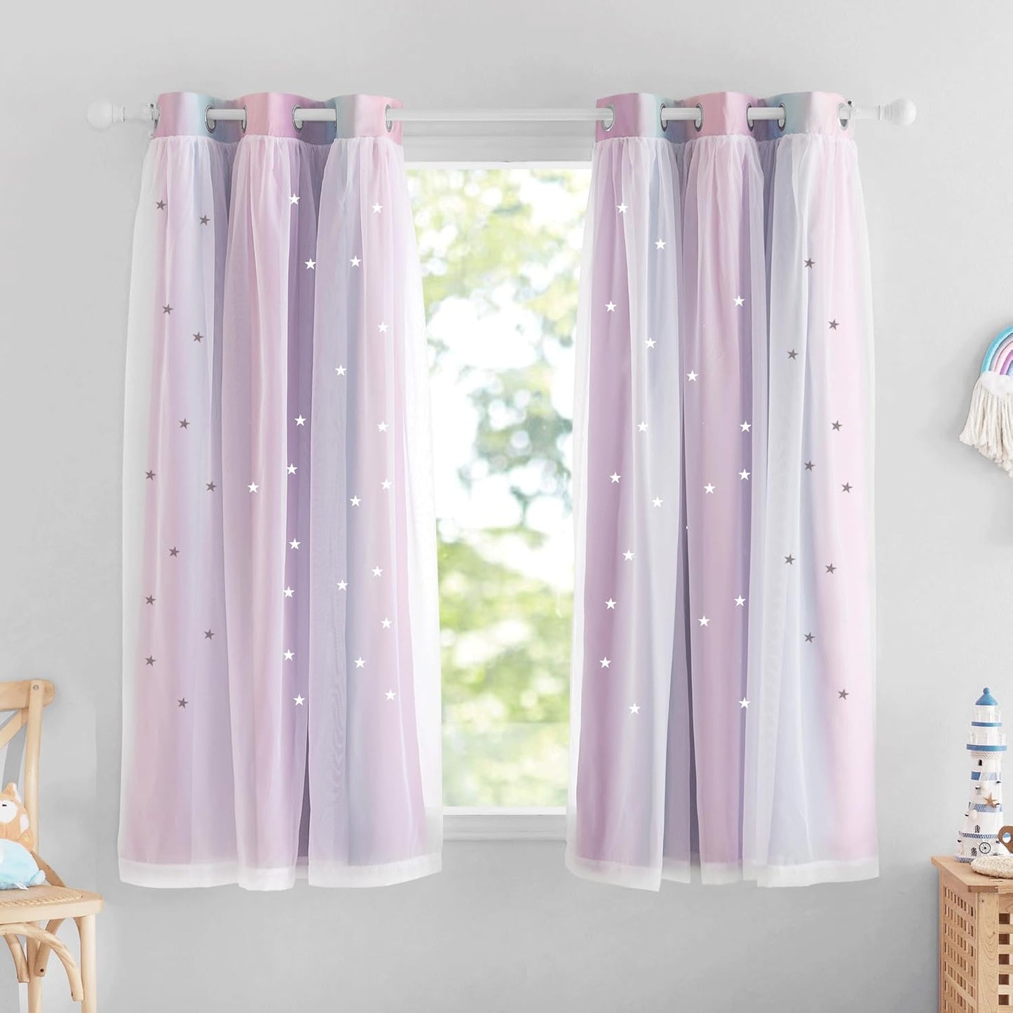 NICETOWN Rainbow Window Curtain Girls Kids Playroom Pastel Colorful Nursery Ombre 84 inches Long Blackout Curtains for Bedroom Living Room, 2 Panels, Grommet Top, 52" W x 84’L, Teal & Purple
