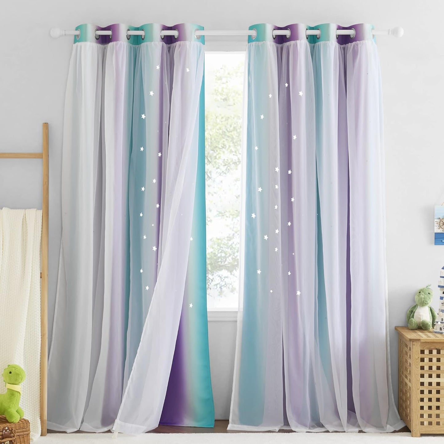 NICETOWN Rainbow Window Curtain Girls Kids Playroom Pastel Colorful Nursery Ombre 84 inches Long Blackout Curtains for Bedroom Living Room, 2 Panels, Grommet Top, 52" W x 84’L, Teal & Purple