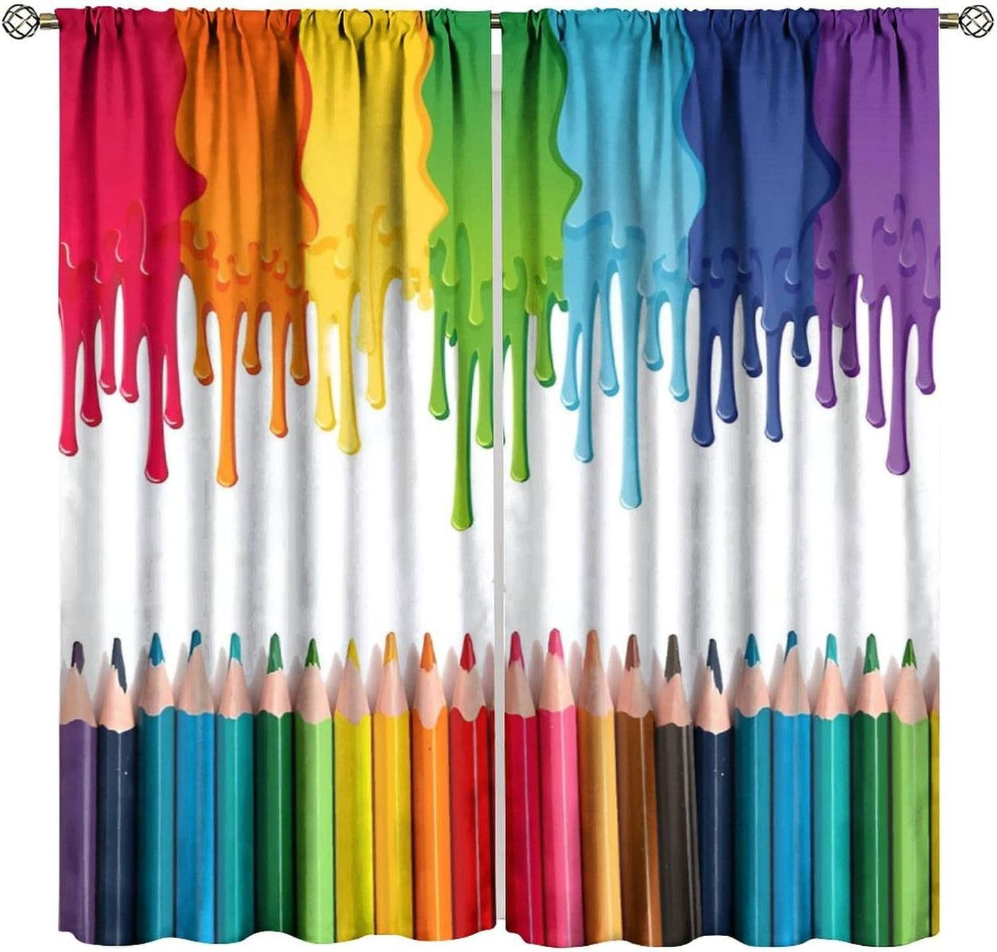 Rainbow Blackout Curtains, Abstract Colored Paint Leaking Splattered Drops Window Treatment Colorful Pancils Pattern Drapes for Bedroom Living Room, 52" W X 84" L