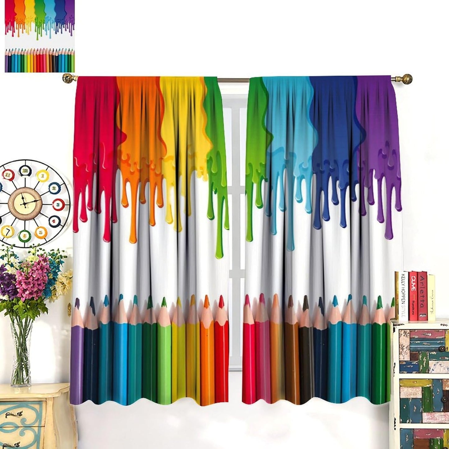 Rainbow Blackout Curtains, Abstract Colored Paint Leaking Splattered Drops Window Treatment Colorful Pancils Pattern Drapes for Bedroom Living Room, 52" W X 84" L