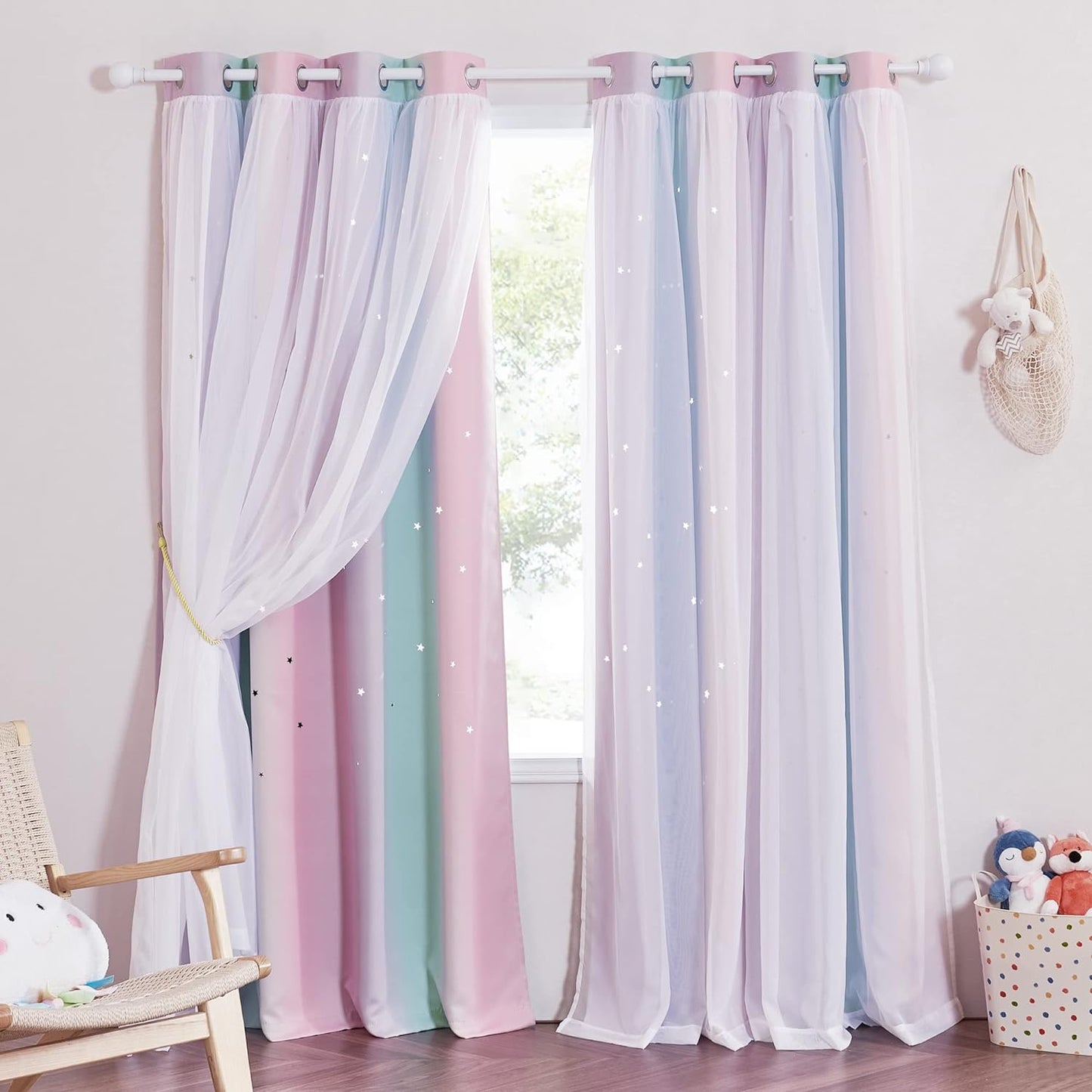 NICETOWN Rainbow Window Curtain Girls Kids Playroom Pastel Colorful Nursery Ombre 84 inches Long Blackout Curtains for Bedroom Living Room, 2 Panels, Grommet Top, 52" W x 84’L, Teal & Purple