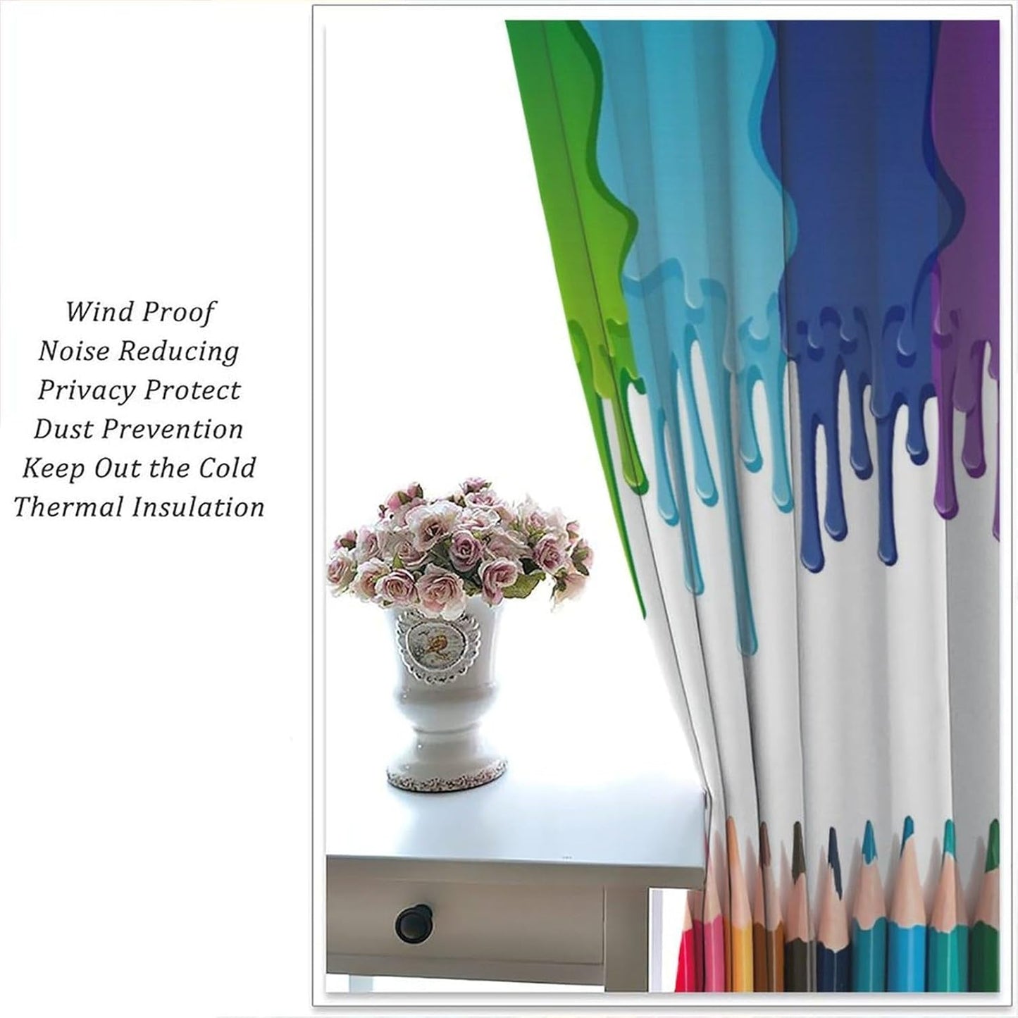 Rainbow Blackout Curtains, Abstract Colored Paint Leaking Splattered Drops Window Treatment Colorful Pancils Pattern Drapes for Bedroom Living Room, 52" W X 84" L