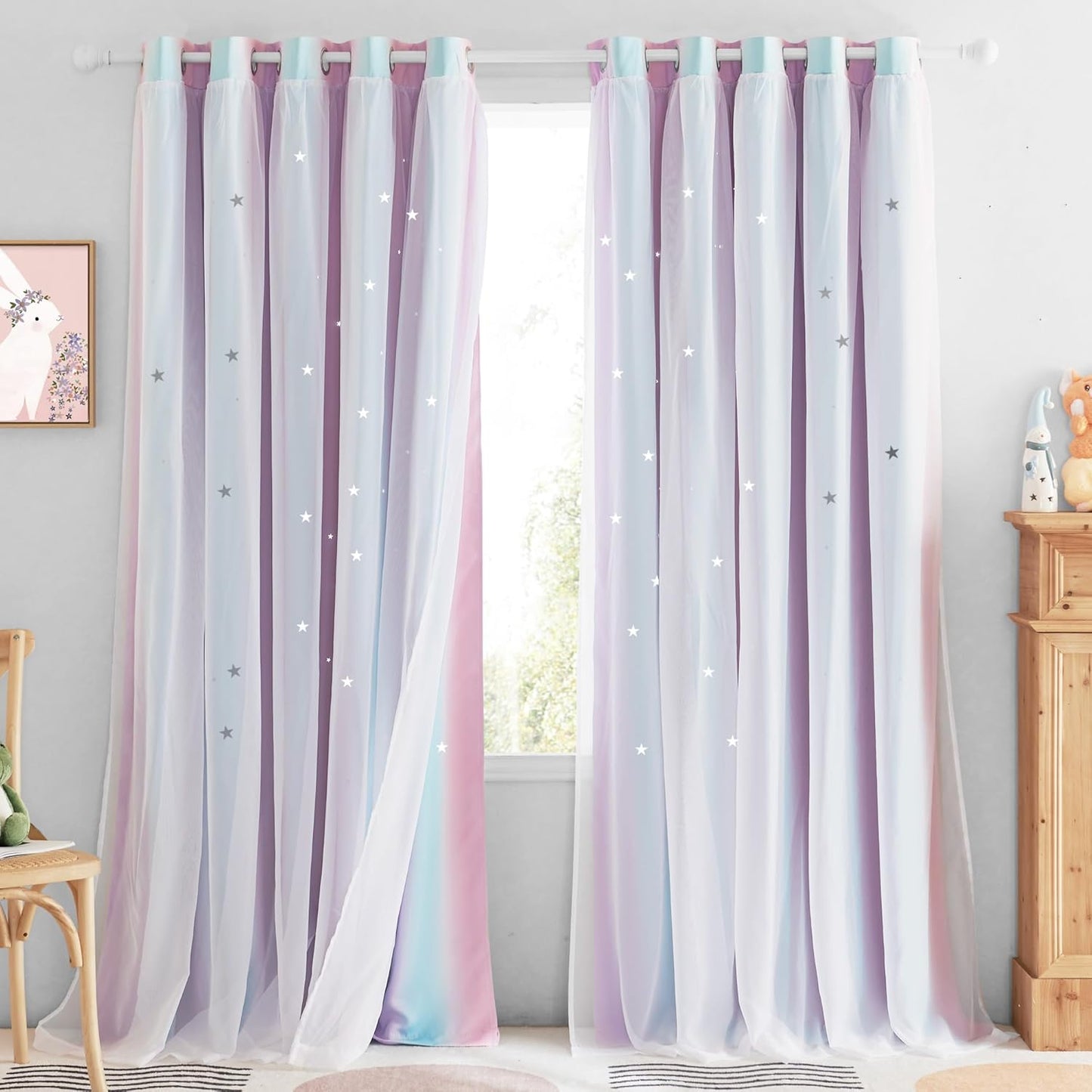 NICETOWN Rainbow Window Curtain Girls Kids Playroom Pastel Colorful Nursery Ombre 84 inches Long Blackout Curtains for Bedroom Living Room, 2 Panels, Grommet Top, 52" W x 84’L, Teal & Purple