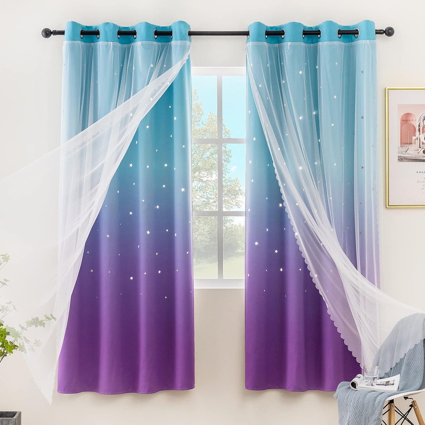 Stiio 2 Panels Girls Stars Rainbow Curtains W52xL84 inches for Bedroom, Kids Blackout Curtains Colorful Ombre Nursery Curtains with Sheer Princess Cutout Curtains for Bedroom Living Room, Yellow Pink