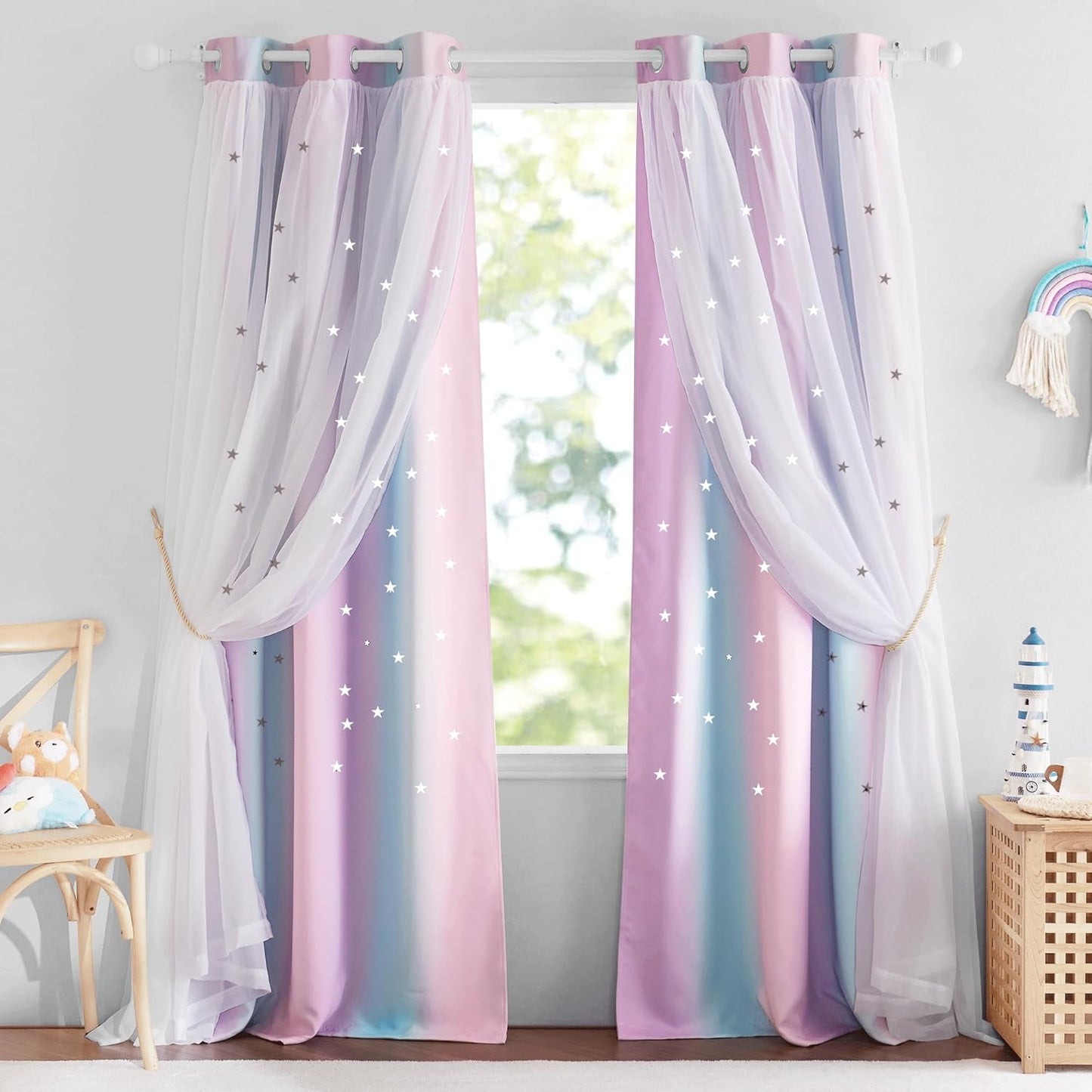 NICETOWN Rainbow Window Curtain Girls Kids Playroom Pastel Colorful Nursery Ombre 84 inches Long Blackout Curtains for Bedroom Living Room, 2 Panels, Grommet Top, 52" W x 84’L, Teal & Purple