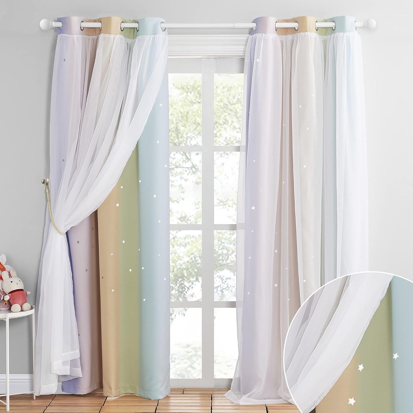 NICETOWN Rainbow Window Curtain Girls Kids Playroom Pastel Colorful Nursery Ombre 84 inches Long Blackout Curtains for Bedroom Living Room, 2 Panels, Grommet Top, 52" W x 84’L, Teal & Purple