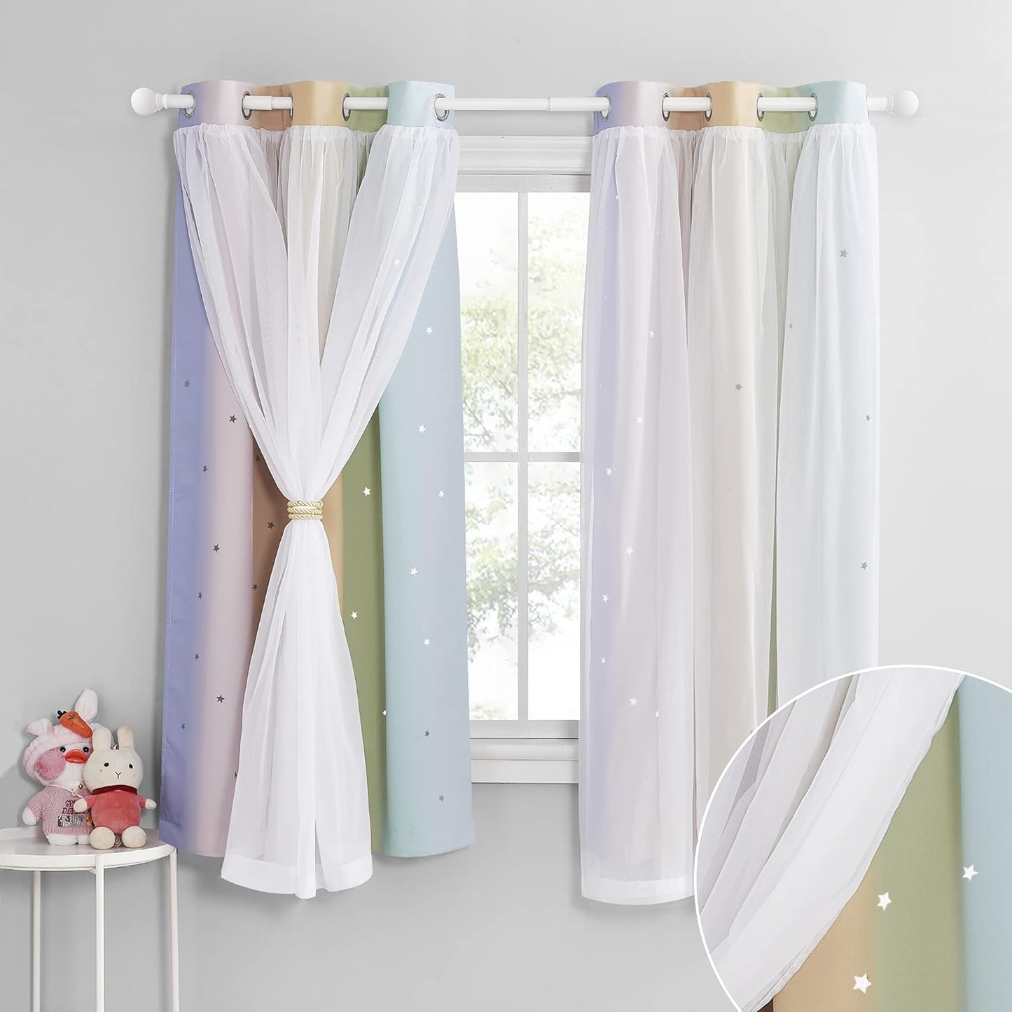 NICETOWN Rainbow Window Curtain Girls Kids Playroom Pastel Colorful Nursery Ombre 84 inches Long Blackout Curtains for Bedroom Living Room, 2 Panels, Grommet Top, 52" W x 84’L, Teal & Purple