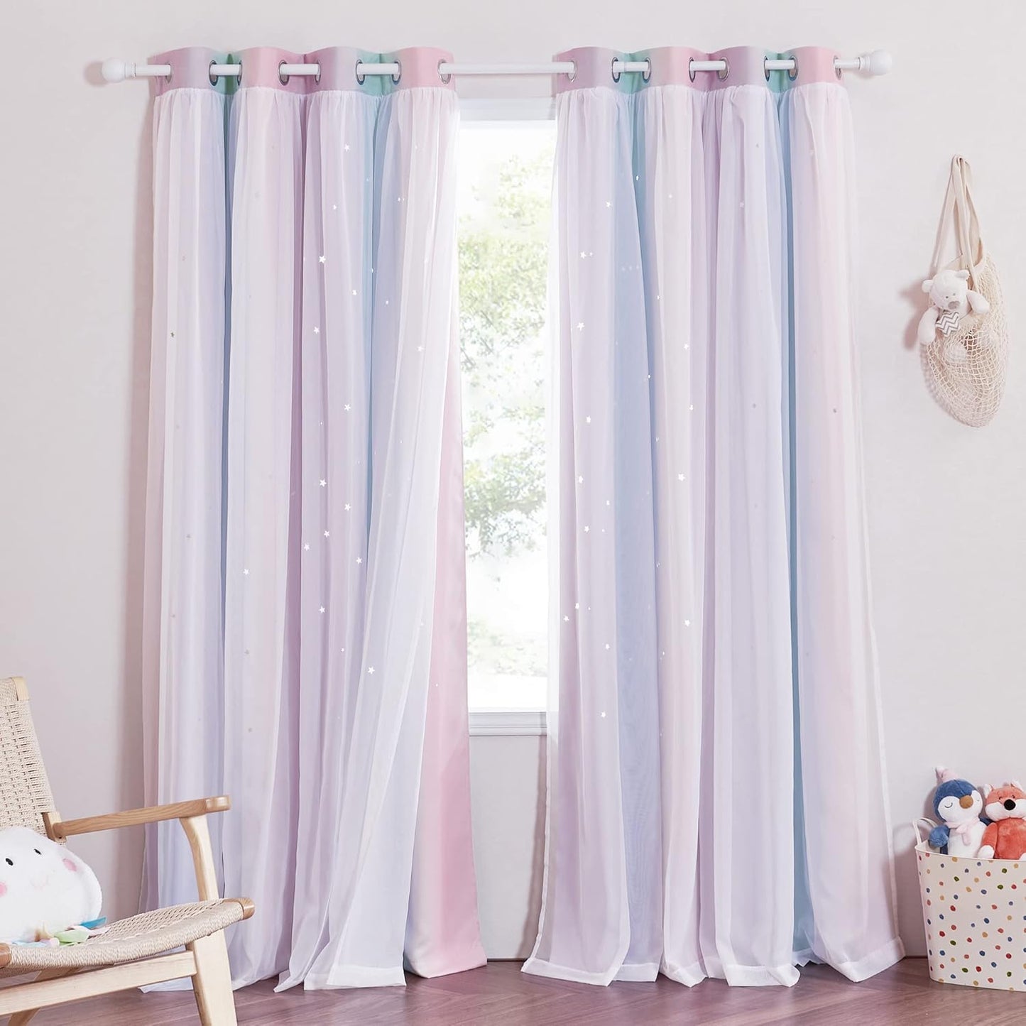 NICETOWN Rainbow Window Curtain Girls Kids Playroom Pastel Colorful Nursery Ombre 84 inches Long Blackout Curtains for Bedroom Living Room, 2 Panels, Grommet Top, 52" W x 84’L, Teal & Purple
