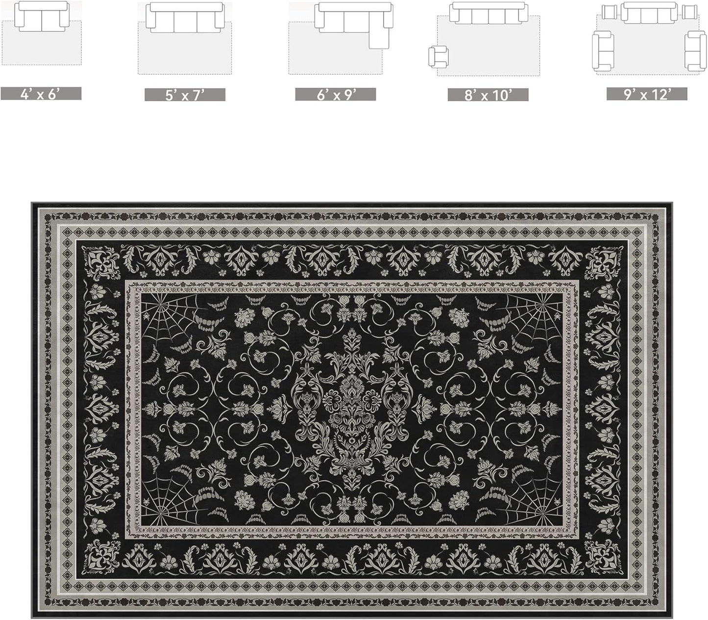 Gothic Spider & Fangs Area Rug 8x10 - Black Luxury Carpet with Intricate Web and Skull Designs, Soft Machine Washable Non-Slip Rug for Dark Academia, Vampire Themed Bedroom, Living Room.