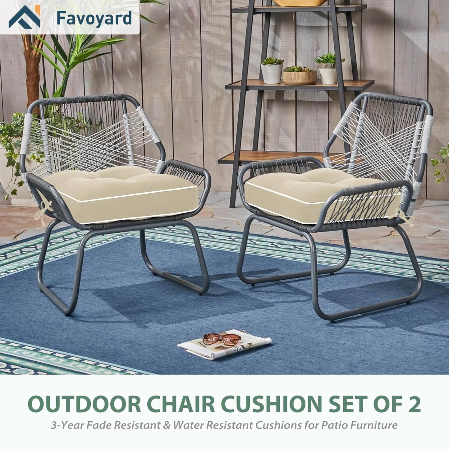 Favoyard Patio Chair Cushions 19 × 19 Inch Water Resistant & 3-Year Color Fastness Outdoor Chairs Cushion for Seat Dining Rocking Wicker Chair Cushion With Tie Straps Tufted Square Pads, Beige, 2 Pack
