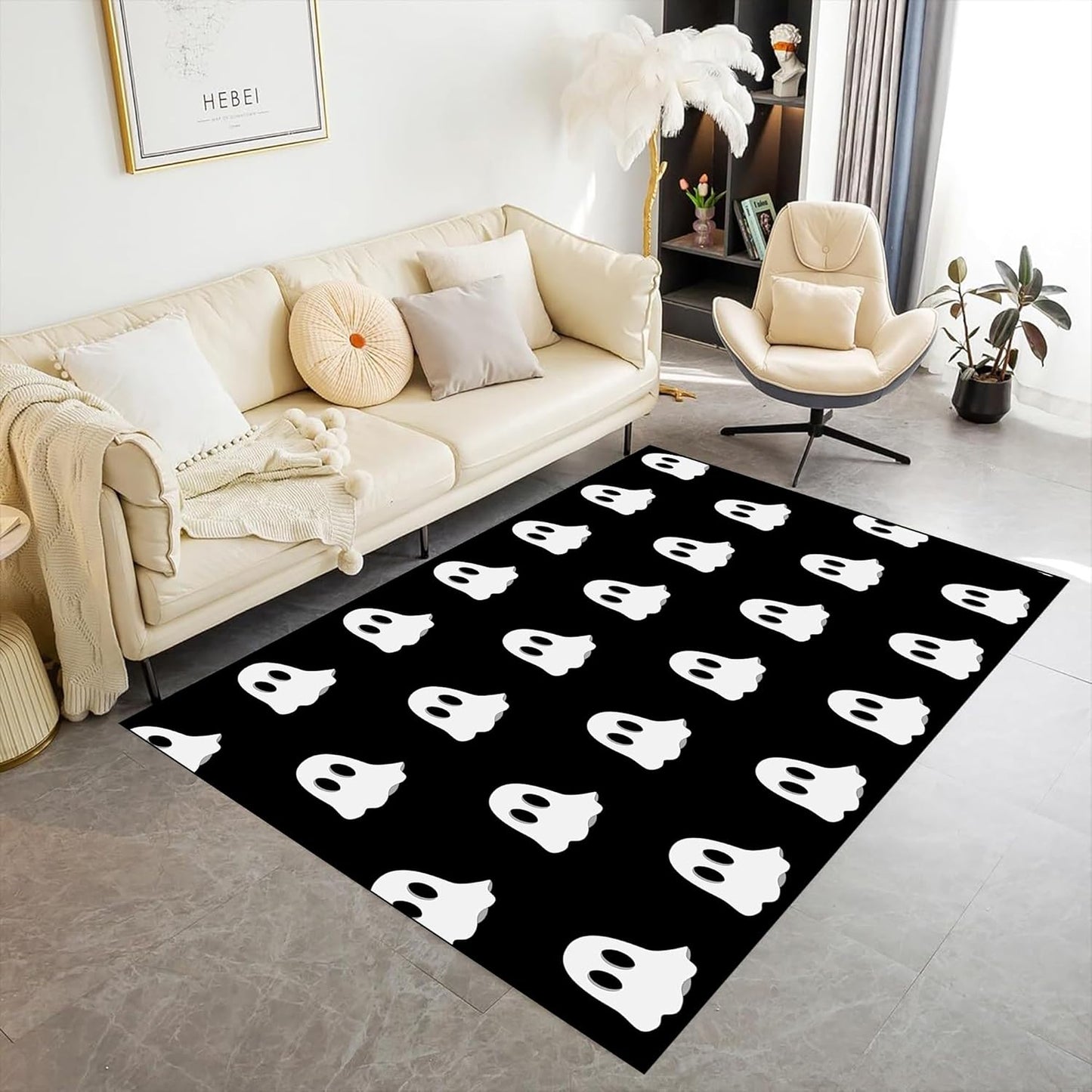 Halloween Themed Kitchen Rugs, 5x8ft Cartoon Skeleton Skull Cute Carpet,Machine Washable Non-Slip Mats,Halloween Party Decor Carpet,for Kitchen Dining Living Room Rectangle Area Rug
