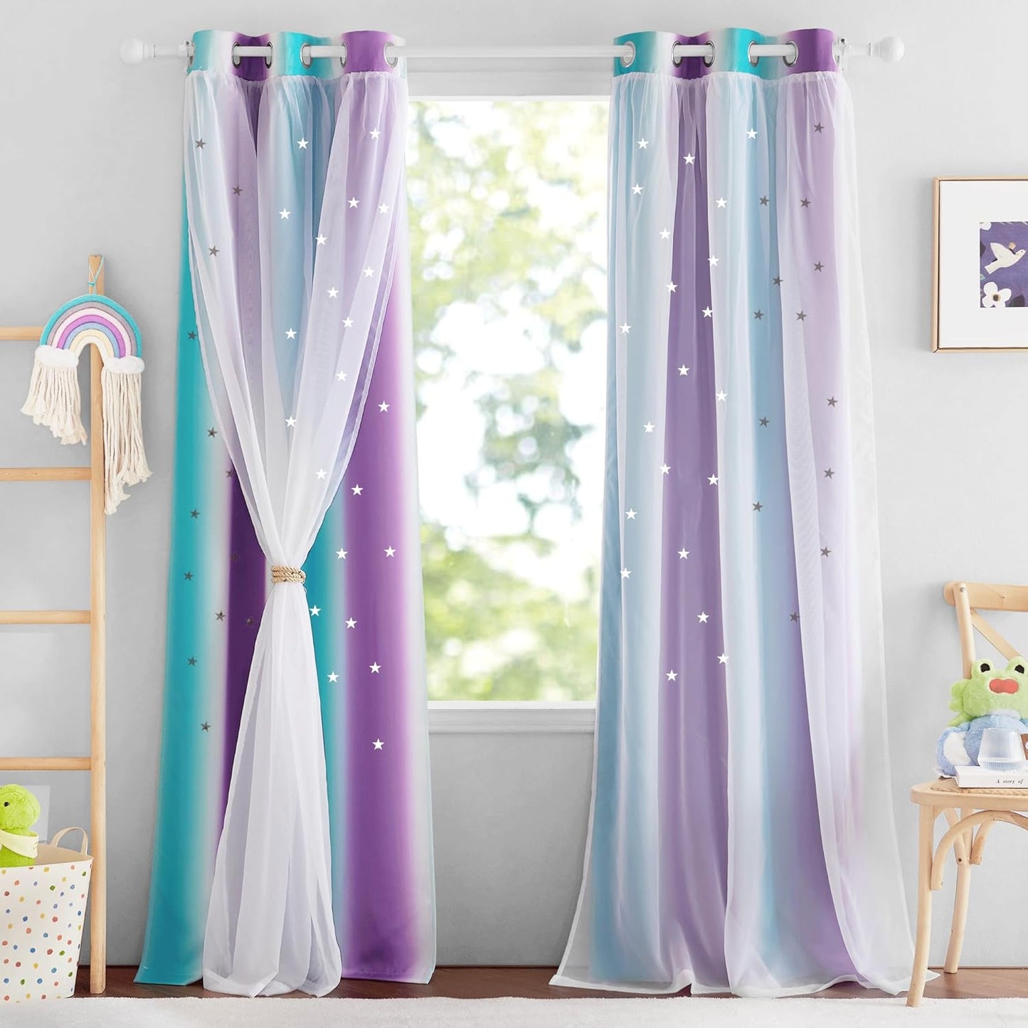 NICETOWN Rainbow Window Curtain Girls Kids Playroom Pastel Colorful Nursery Ombre 84 inches Long Blackout Curtains for Bedroom Living Room, 2 Panels, Grommet Top, 52" W x 84’L, Teal & Purple