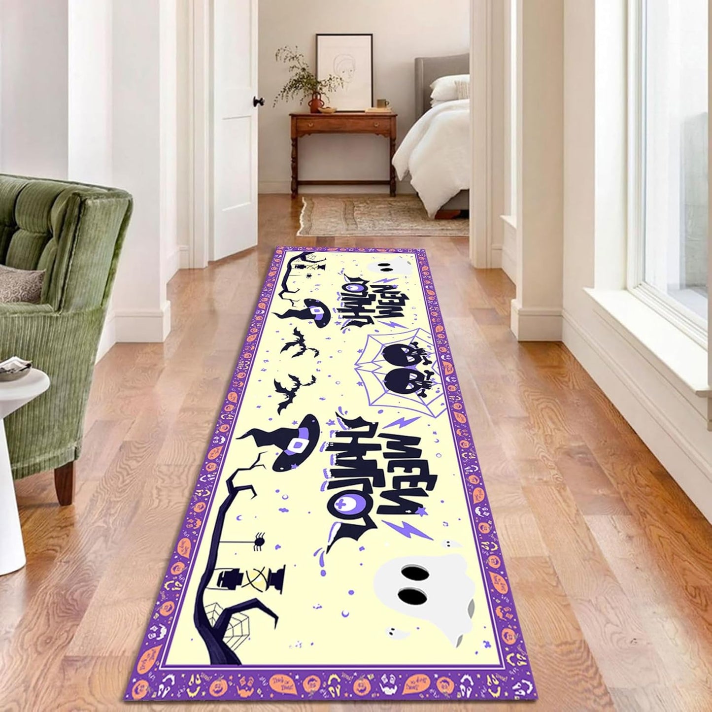 Fouiunle Gothic Skull Runner Rug 4x12ft Non-Slip Beige Skeleton Horror Rug Pumpkin Head Design Kitchen Rug Washable Rubber Backed Rugs Halloween Themed Floor Carpet for Entryway Runner Rug