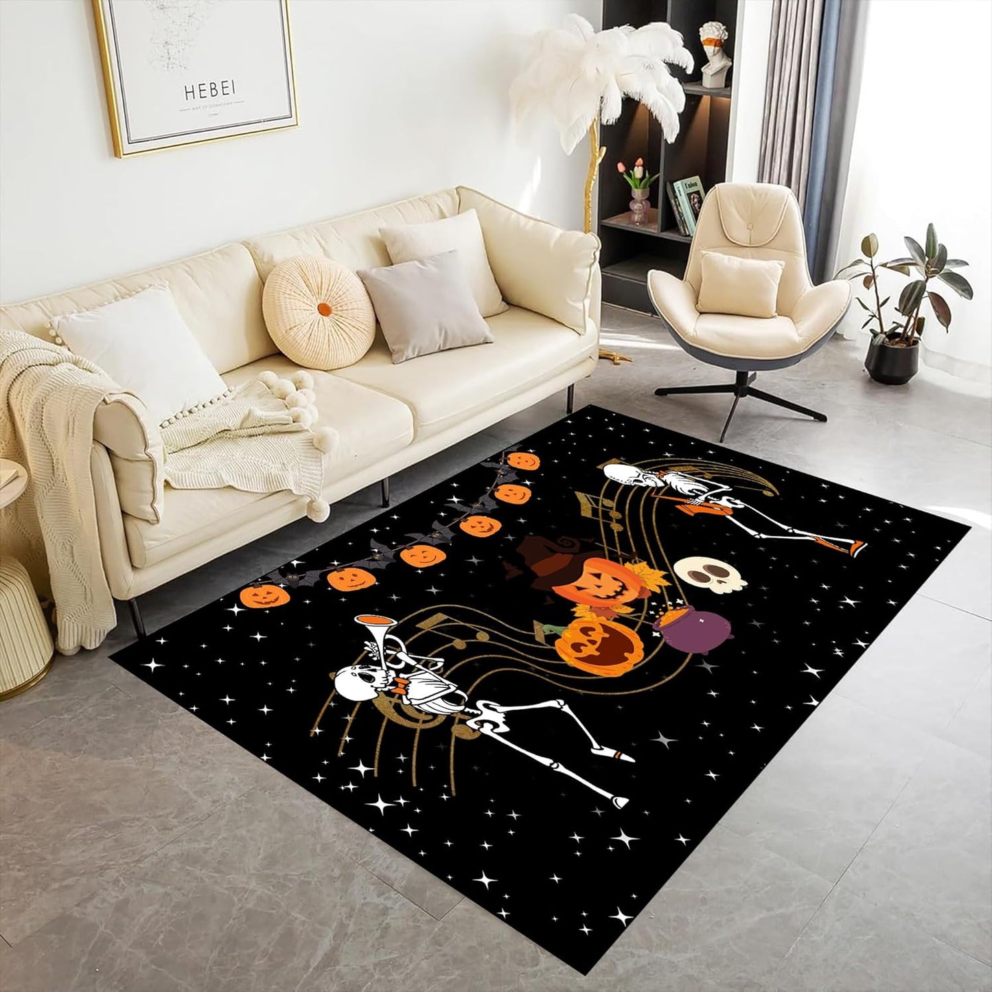 Halloween Themed Kitchen Rugs, 5x8ft Cartoon Skeleton Skull Cute Carpet,Machine Washable Non-Slip Mats,Halloween Party Decor Carpet,for Kitchen Dining Living Room Rectangle Area Rug