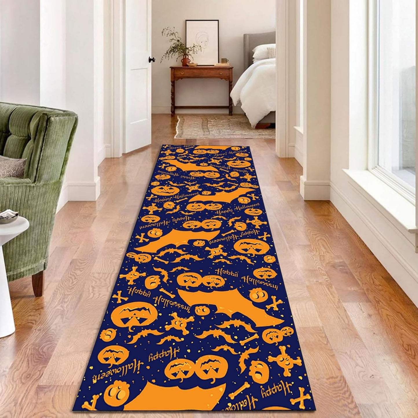 Fouiunle Gothic Skull Runner Rug 4x12ft Non-Slip Beige Skeleton Horror Rug Pumpkin Head Design Kitchen Rug Washable Rubber Backed Rugs Halloween Themed Floor Carpet for Entryway Runner Rug