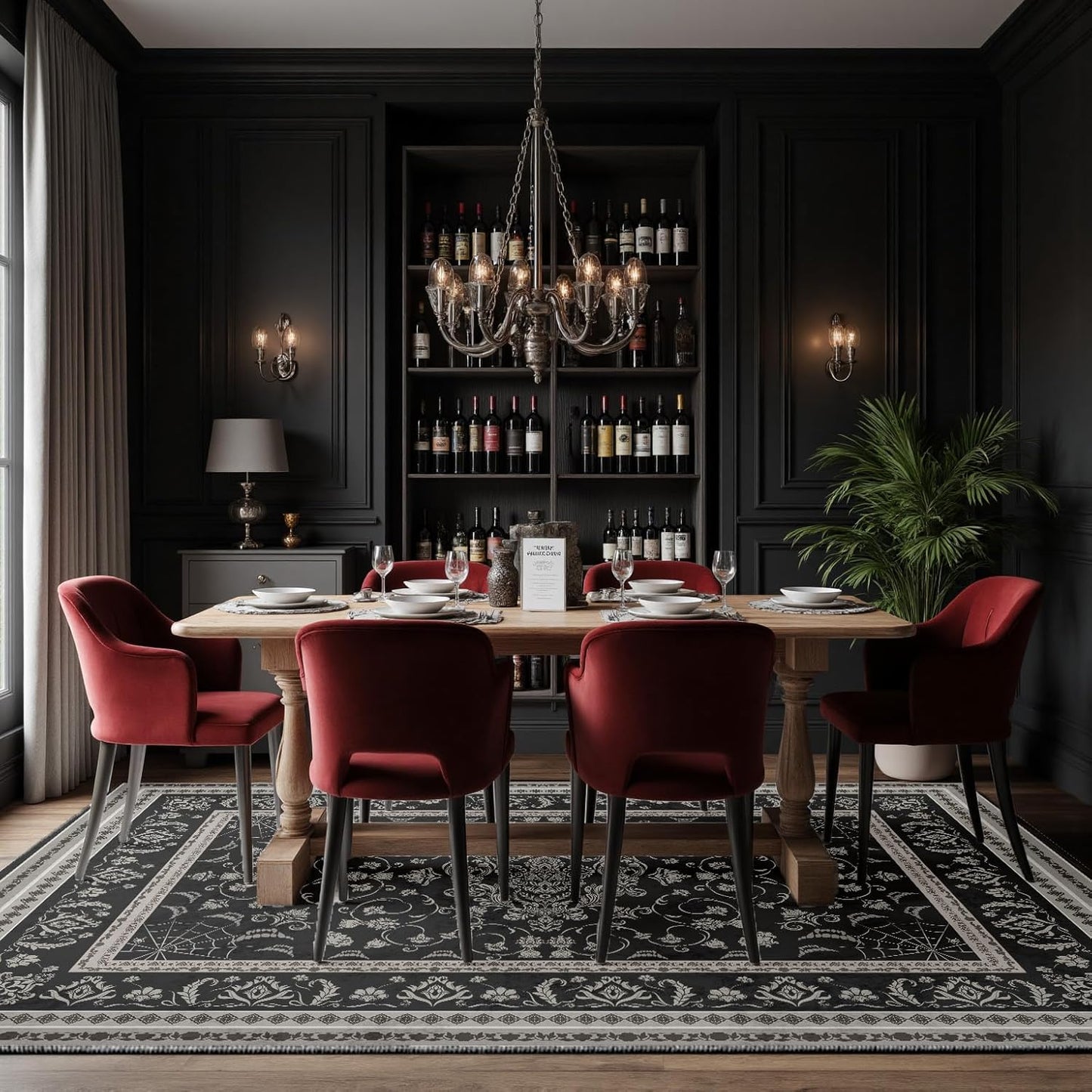 Gothic Spider & Fangs Area Rug 8x10 - Black Luxury Carpet with Intricate Web and Skull Designs, Soft Machine Washable Non-Slip Rug for Dark Academia, Vampire Themed Bedroom, Living Room.