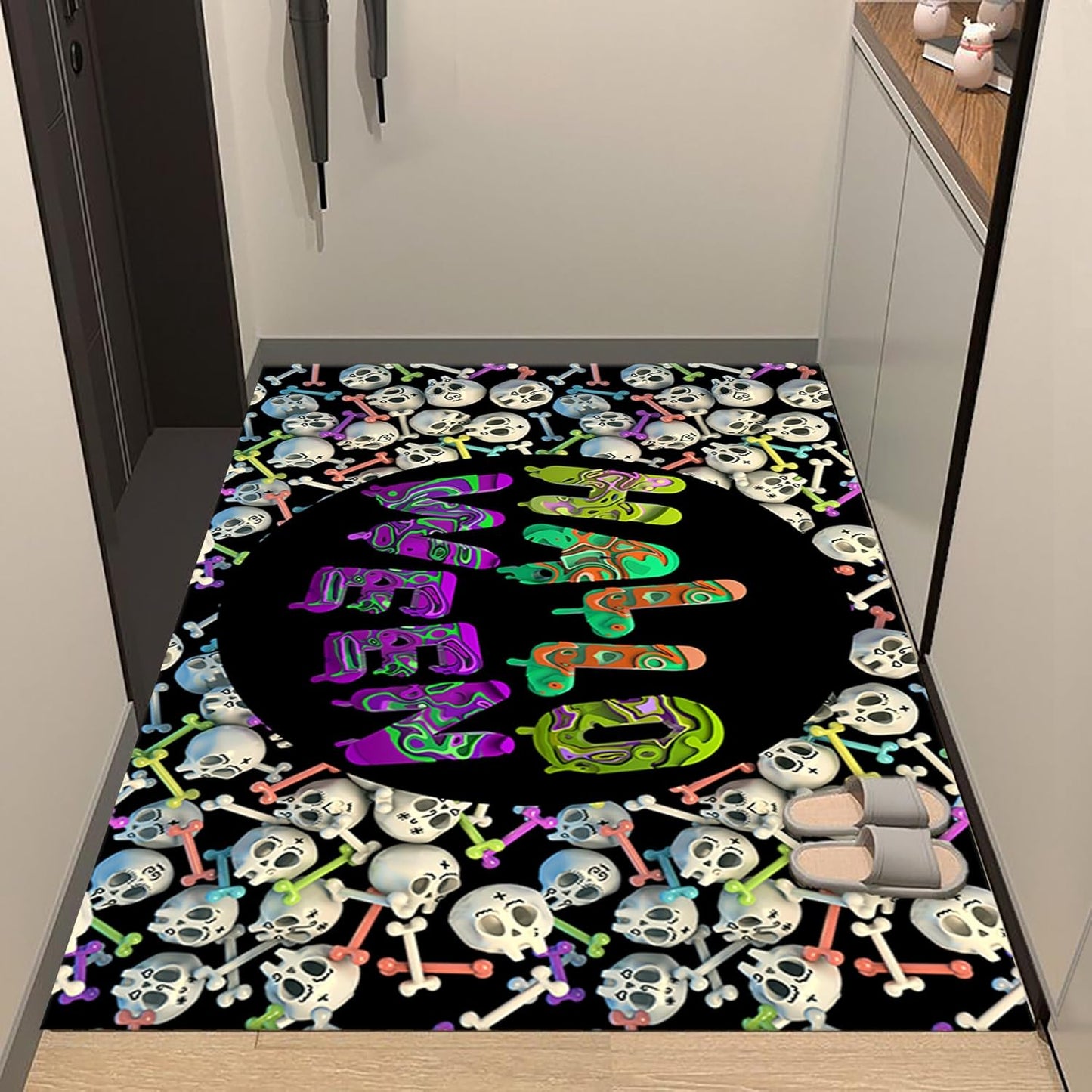 Halloween Themed Kitchen Rugs, 5x8ft Cartoon Skeleton Skull Cute Carpet,Machine Washable Non-Slip Mats,Halloween Party Decor Carpet,for Kitchen Dining Living Room Rectangle Area Rug