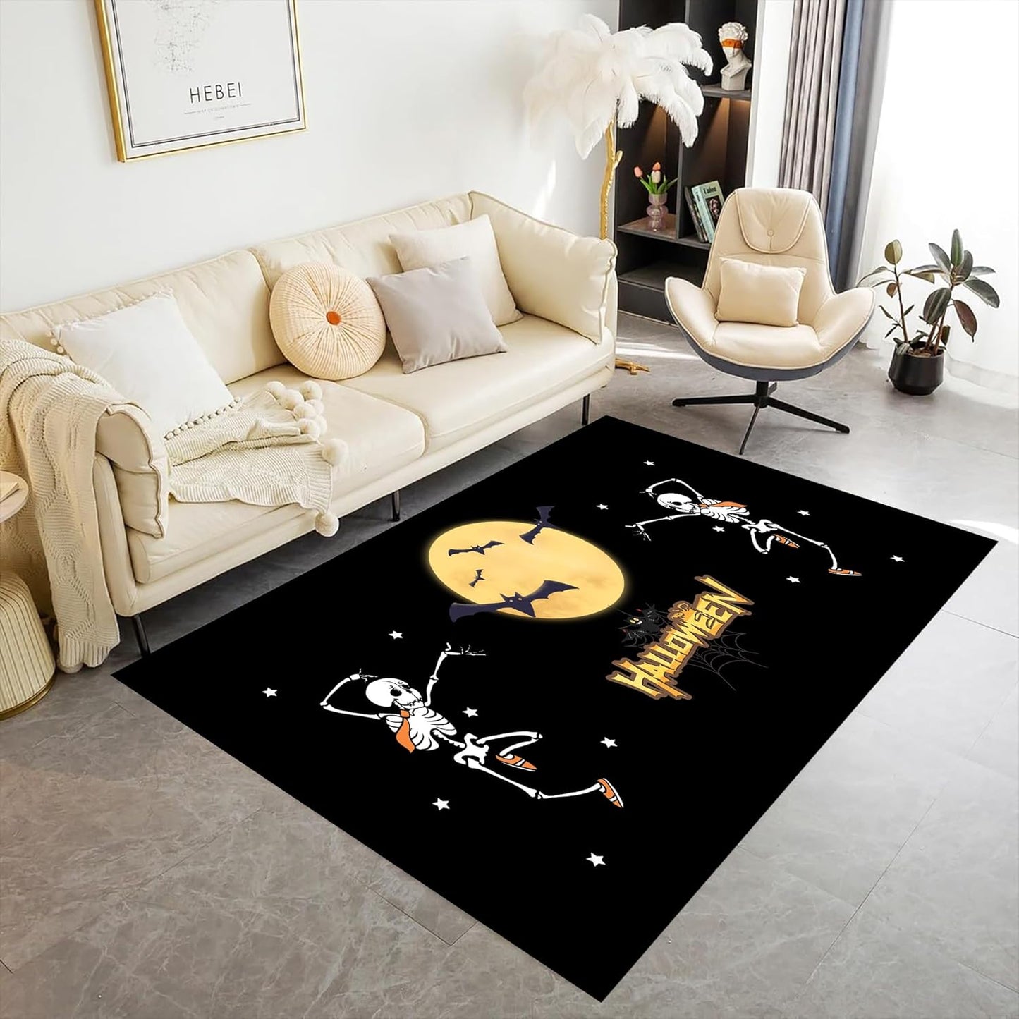 Halloween Themed Kitchen Rugs, 5x8ft Cartoon Skeleton Skull Cute Carpet,Machine Washable Non-Slip Mats,Halloween Party Decor Carpet,for Kitchen Dining Living Room Rectangle Area Rug