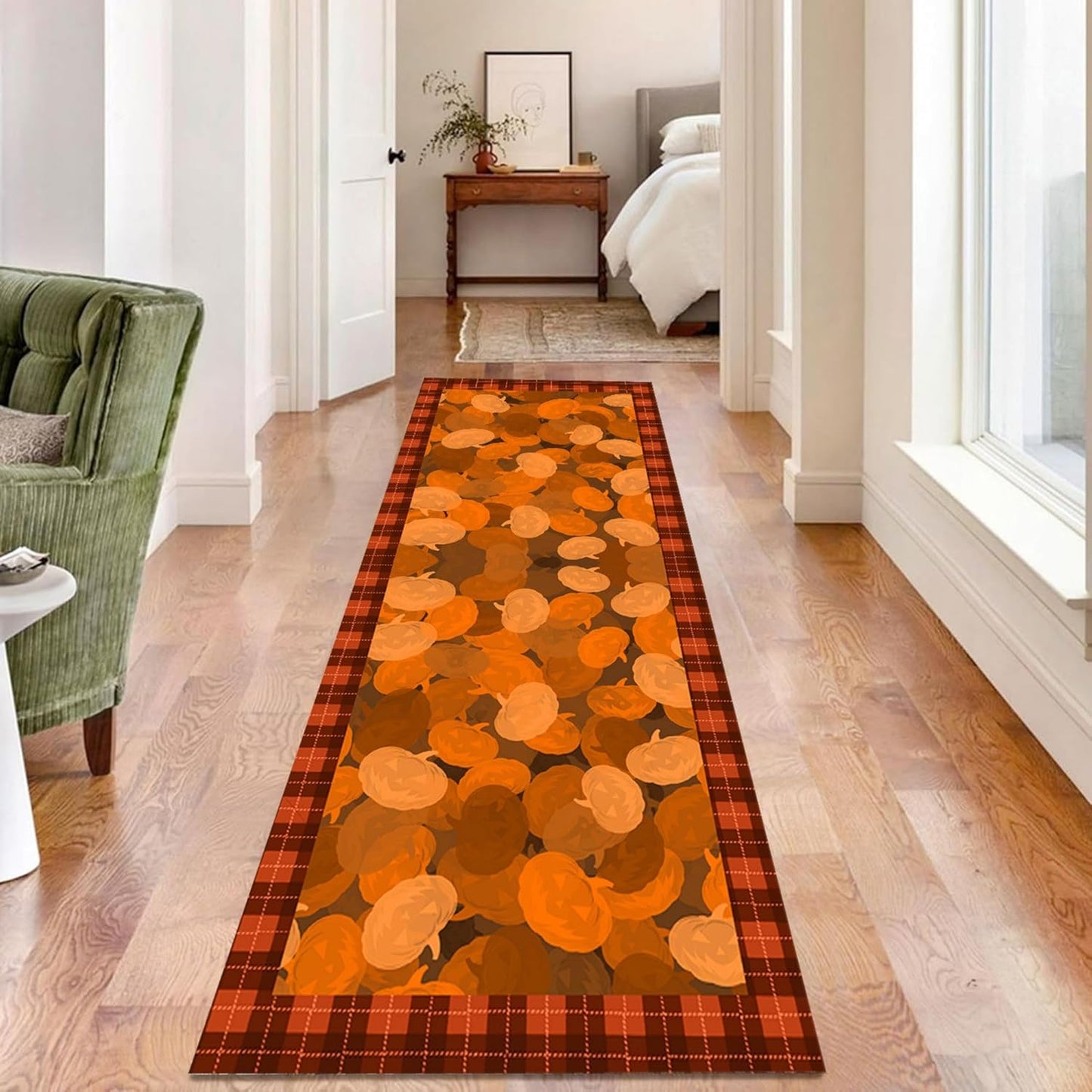 Fouiunle Gothic Skull Runner Rug 4x12ft Non-Slip Beige Skeleton Horror Rug Pumpkin Head Design Kitchen Rug Washable Rubber Backed Rugs Halloween Themed Floor Carpet for Entryway Runner Rug