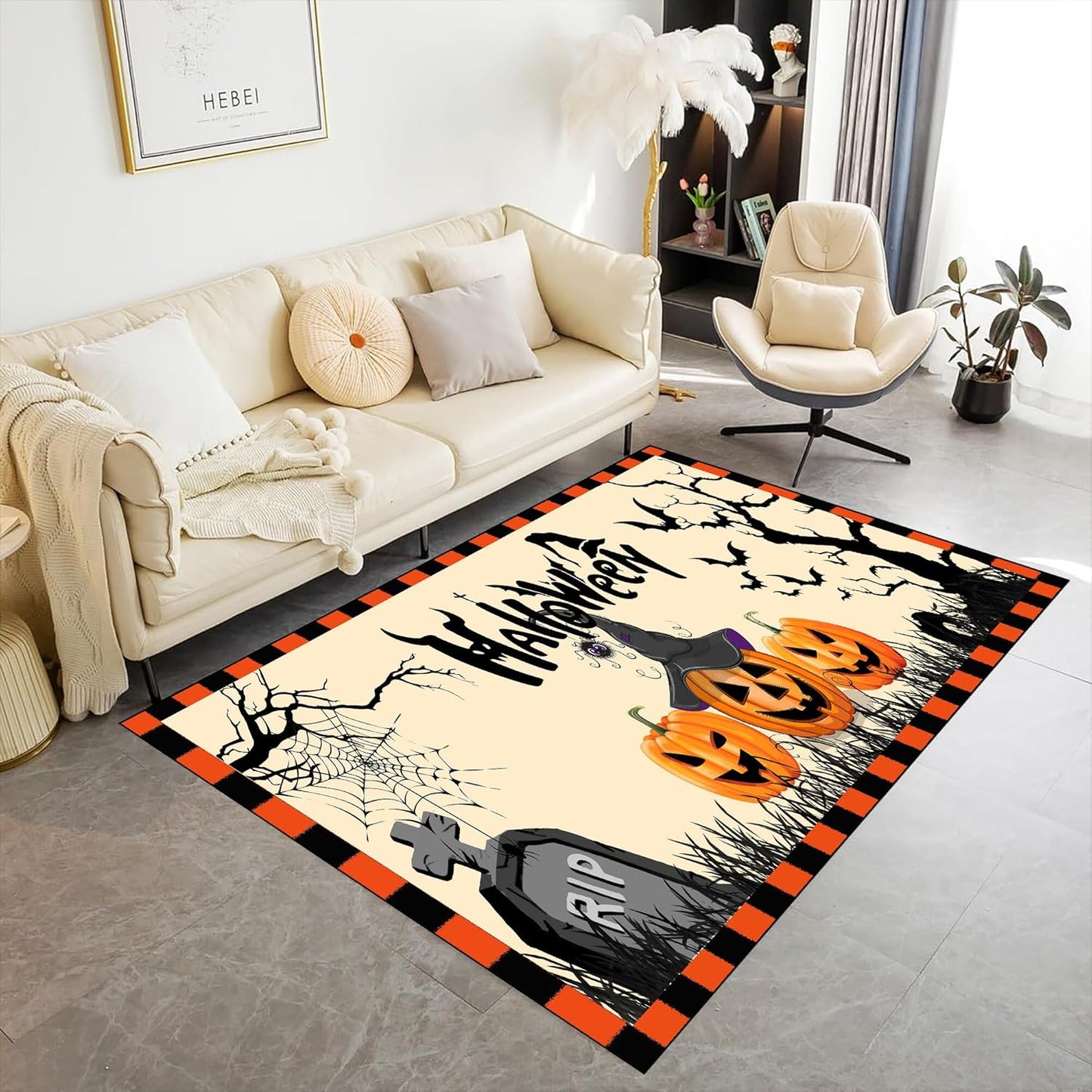 Halloween Themed Kitchen Rugs, 5x8ft Cartoon Skeleton Skull Cute Carpet,Machine Washable Non-Slip Mats,Halloween Party Decor Carpet,for Kitchen Dining Living Room Rectangle Area Rug
