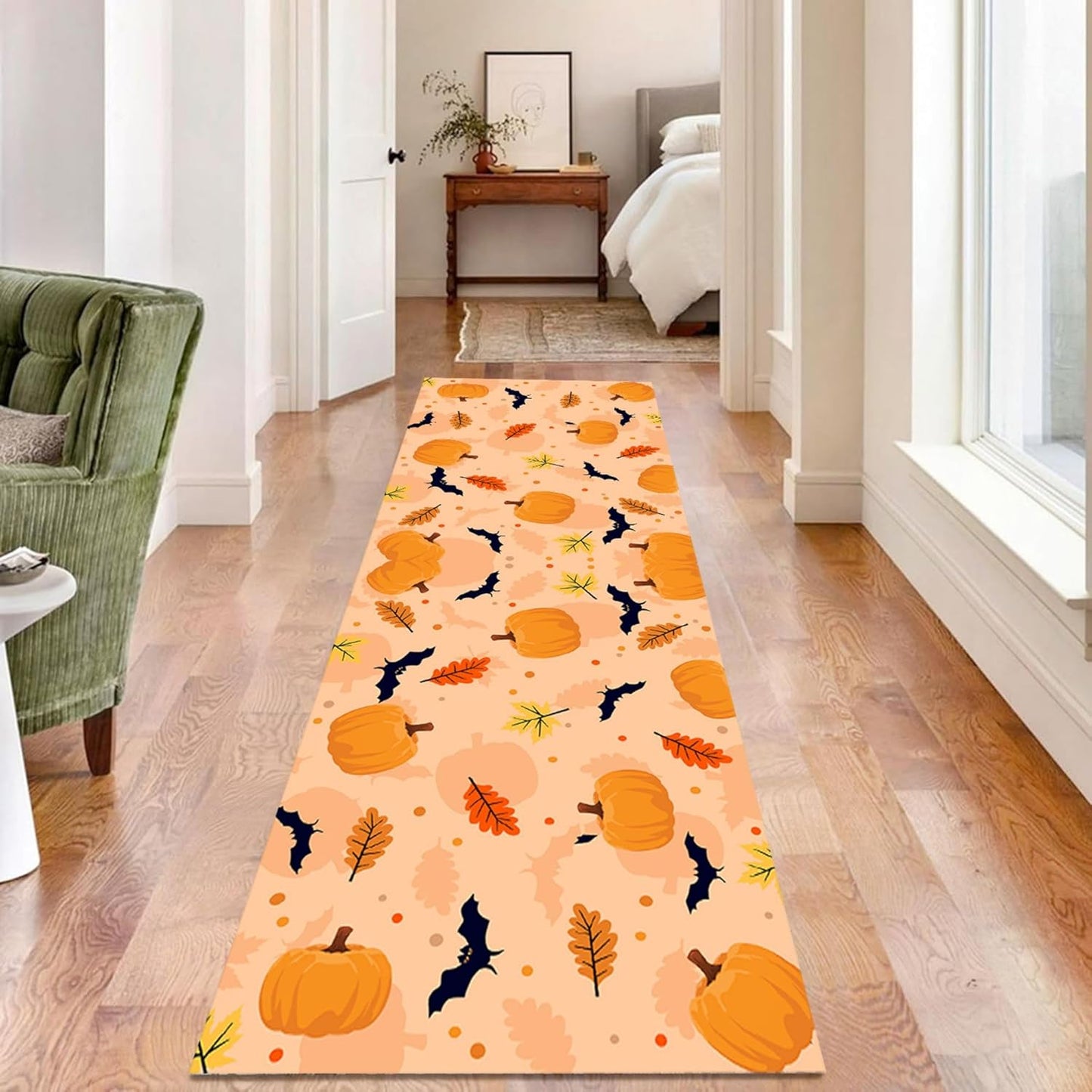 Fouiunle Gothic Skull Runner Rug 4x12ft Non-Slip Beige Skeleton Horror Rug Pumpkin Head Design Kitchen Rug Washable Rubber Backed Rugs Halloween Themed Floor Carpet for Entryway Runner Rug