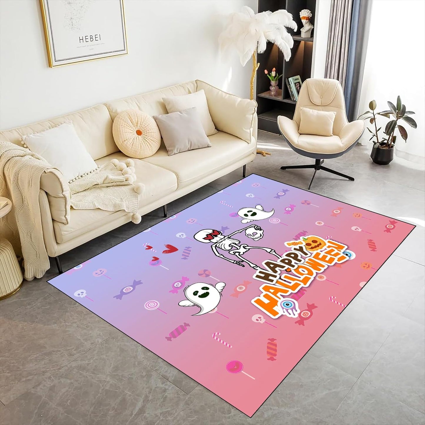 Halloween Themed Kitchen Rugs, 5x8ft Cartoon Skeleton Skull Cute Carpet,Machine Washable Non-Slip Mats,Halloween Party Decor Carpet,for Kitchen Dining Living Room Rectangle Area Rug