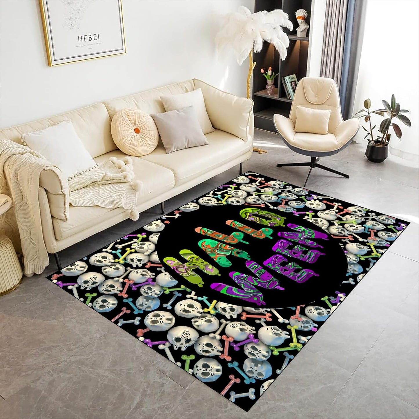 Halloween Themed Kitchen Rugs, 5x8ft Cartoon Skeleton Skull Cute Carpet,Machine Washable Non-Slip Mats,Halloween Party Decor Carpet,for Kitchen Dining Living Room Rectangle Area Rug