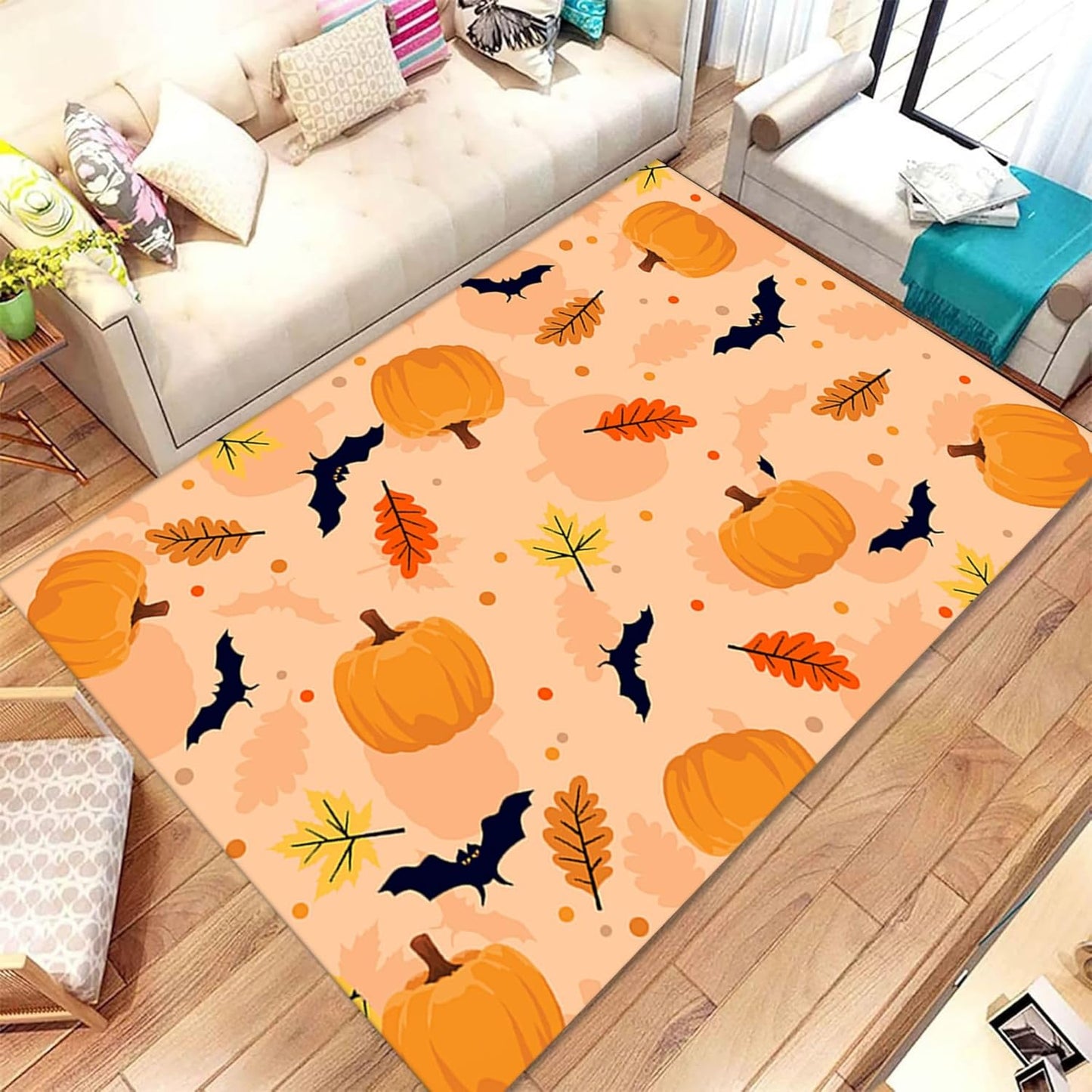Gothic Skull Area Rug 5x8ft Non-Slip Beige Skeleton Horror Rug Orange Pumpkin Head Unique Rugs Washable Rubber Backed Rugs Halloween Themed Floor Carpet for Living Room Bedroom