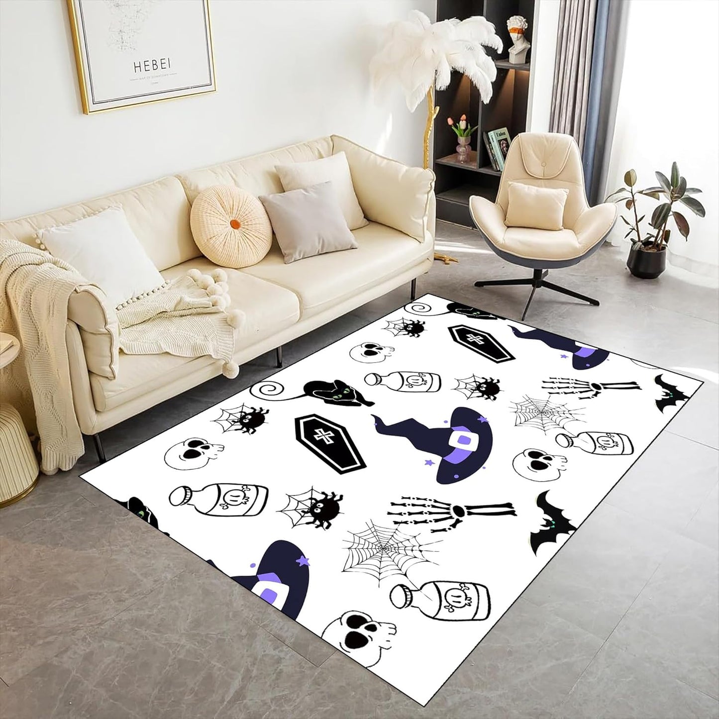 Halloween Themed Kitchen Rugs, 5x8ft Cartoon Skeleton Skull Cute Carpet,Machine Washable Non-Slip Mats,Halloween Party Decor Carpet,for Kitchen Dining Living Room Rectangle Area Rug
