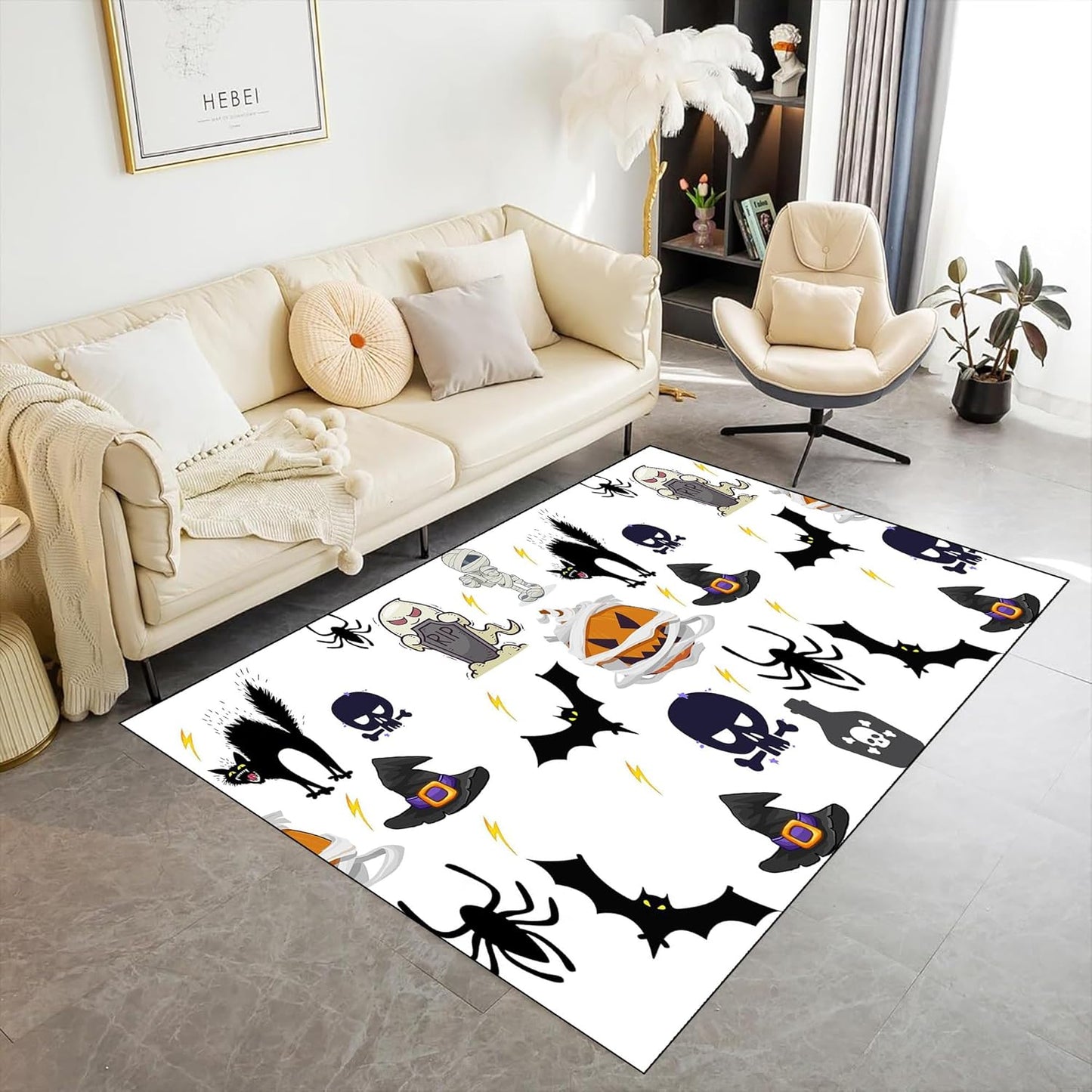 Halloween Themed Kitchen Rugs, 5x8ft Cartoon Skeleton Skull Cute Carpet,Machine Washable Non-Slip Mats,Halloween Party Decor Carpet,for Kitchen Dining Living Room Rectangle Area Rug