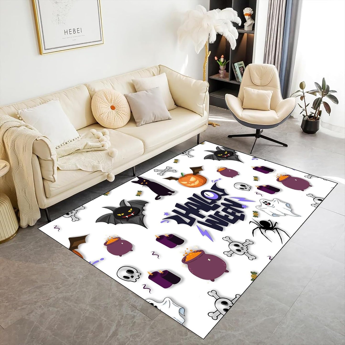 Halloween Themed Kitchen Rugs, 5x8ft Cartoon Skeleton Skull Cute Carpet,Machine Washable Non-Slip Mats,Halloween Party Decor Carpet,for Kitchen Dining Living Room Rectangle Area Rug