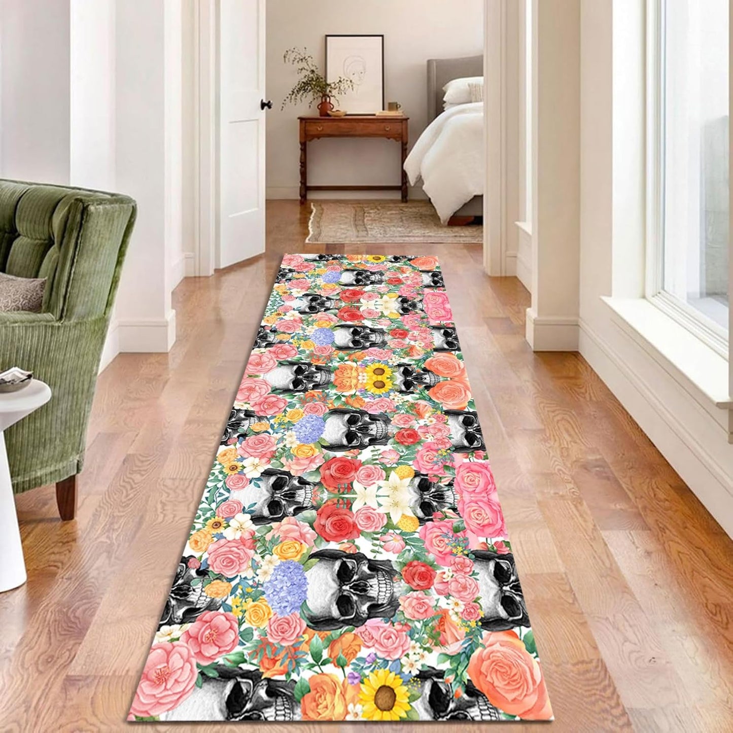 Fouiunle Gothic Skull Runner Rug 4x12ft Non-Slip Beige Skeleton Horror Rug Pumpkin Head Design Kitchen Rug Washable Rubber Backed Rugs Halloween Themed Floor Carpet for Entryway Runner Rug