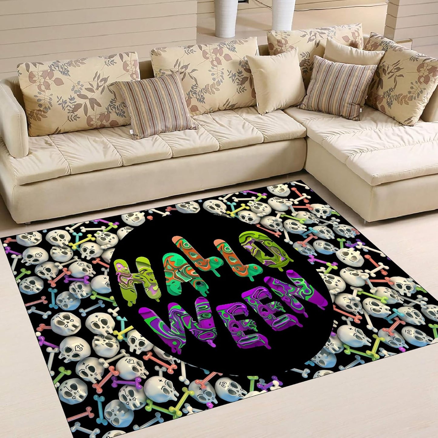 Halloween Themed Kitchen Rugs, 5x8ft Cartoon Skeleton Skull Cute Carpet,Machine Washable Non-Slip Mats,Halloween Party Decor Carpet,for Kitchen Dining Living Room Rectangle Area Rug