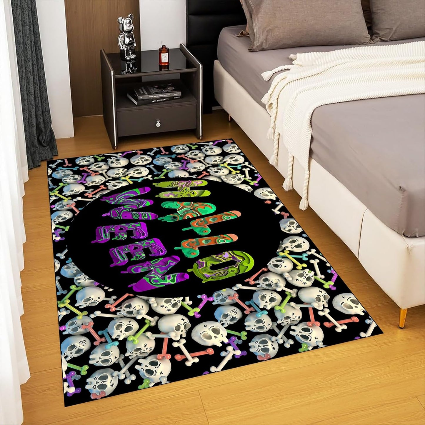 Halloween Themed Kitchen Rugs, 5x8ft Cartoon Skeleton Skull Cute Carpet,Machine Washable Non-Slip Mats,Halloween Party Decor Carpet,for Kitchen Dining Living Room Rectangle Area Rug