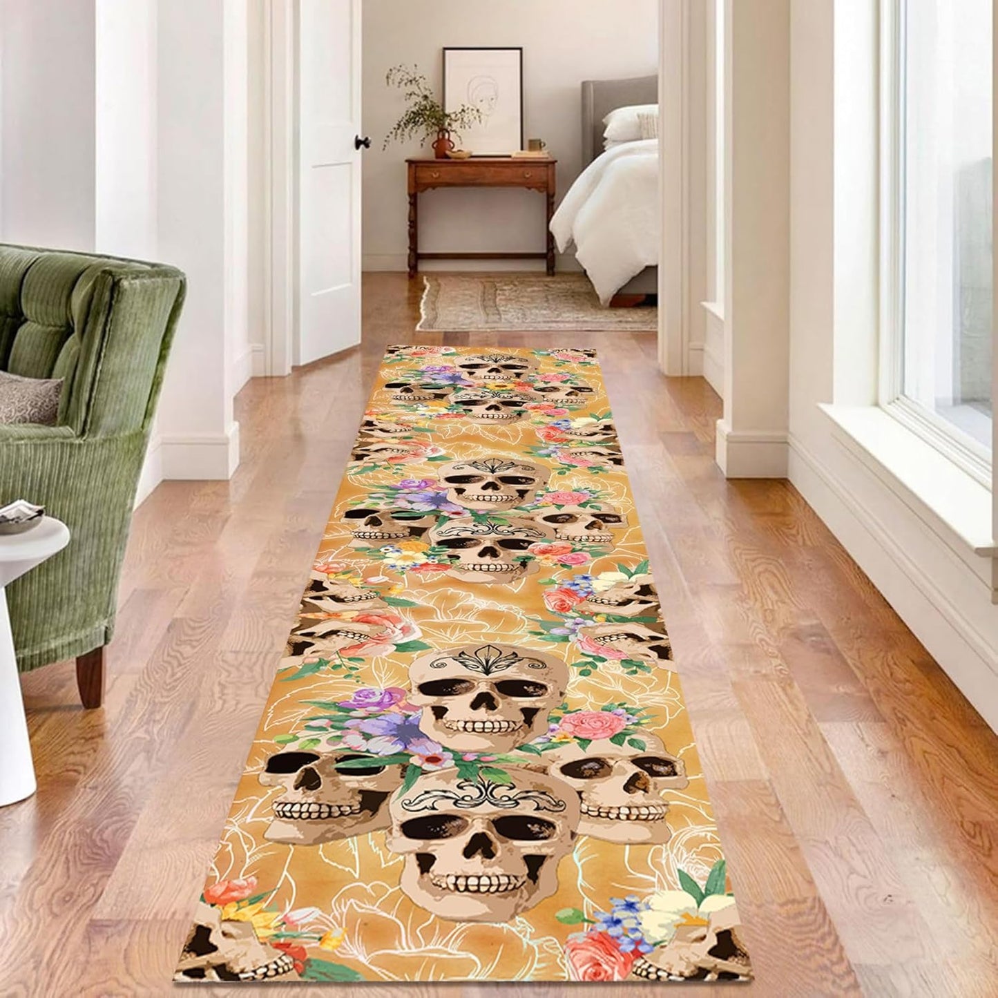 Fouiunle Gothic Skull Runner Rug 4x12ft Non-Slip Beige Skeleton Horror Rug Pumpkin Head Design Kitchen Rug Washable Rubber Backed Rugs Halloween Themed Floor Carpet for Entryway Runner Rug