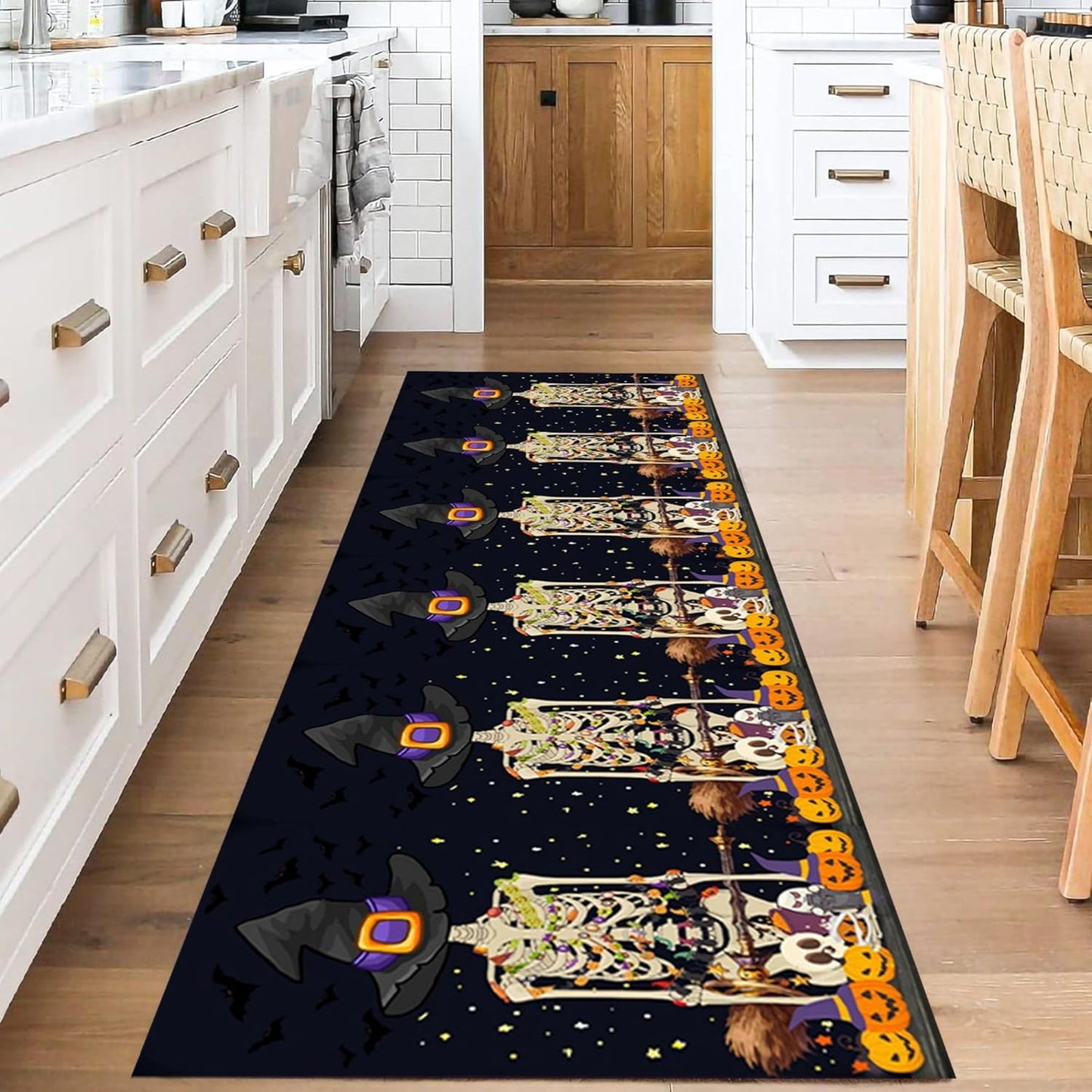 Fouiunle Gothic Skull Runner Rug 4x12ft Non-Slip Beige Skeleton Horror Rug Pumpkin Head Design Kitchen Rug Washable Rubber Backed Rugs Halloween Themed Floor Carpet for Entryway Runner Rug