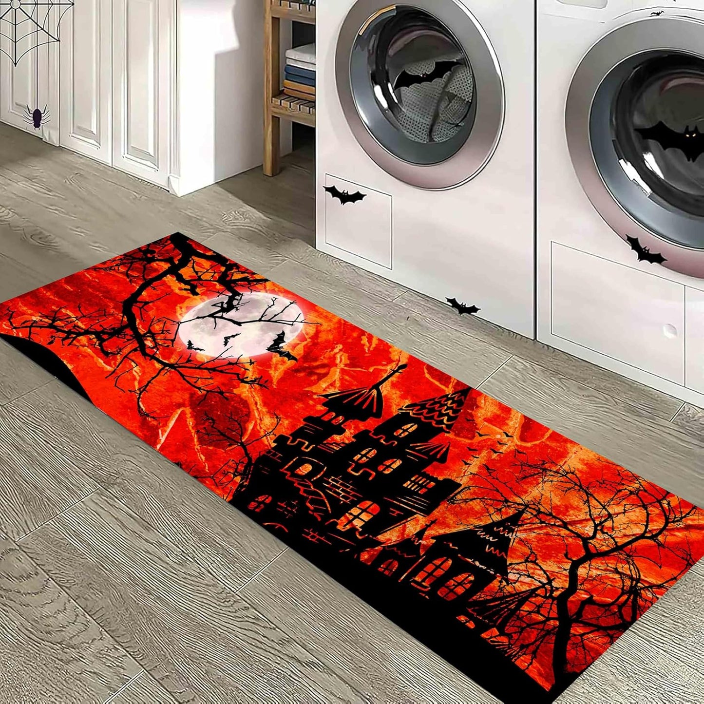 Halloween Hallway Runner Rug, 4x12ft Horror-Themed Gothic Moon, Bats, Red Castle, Witch Area Rugs, Non-Slip, Durable, Easy-to-Clean Long Indoor Entryway Carpet for Living Rooms and Bathrooms