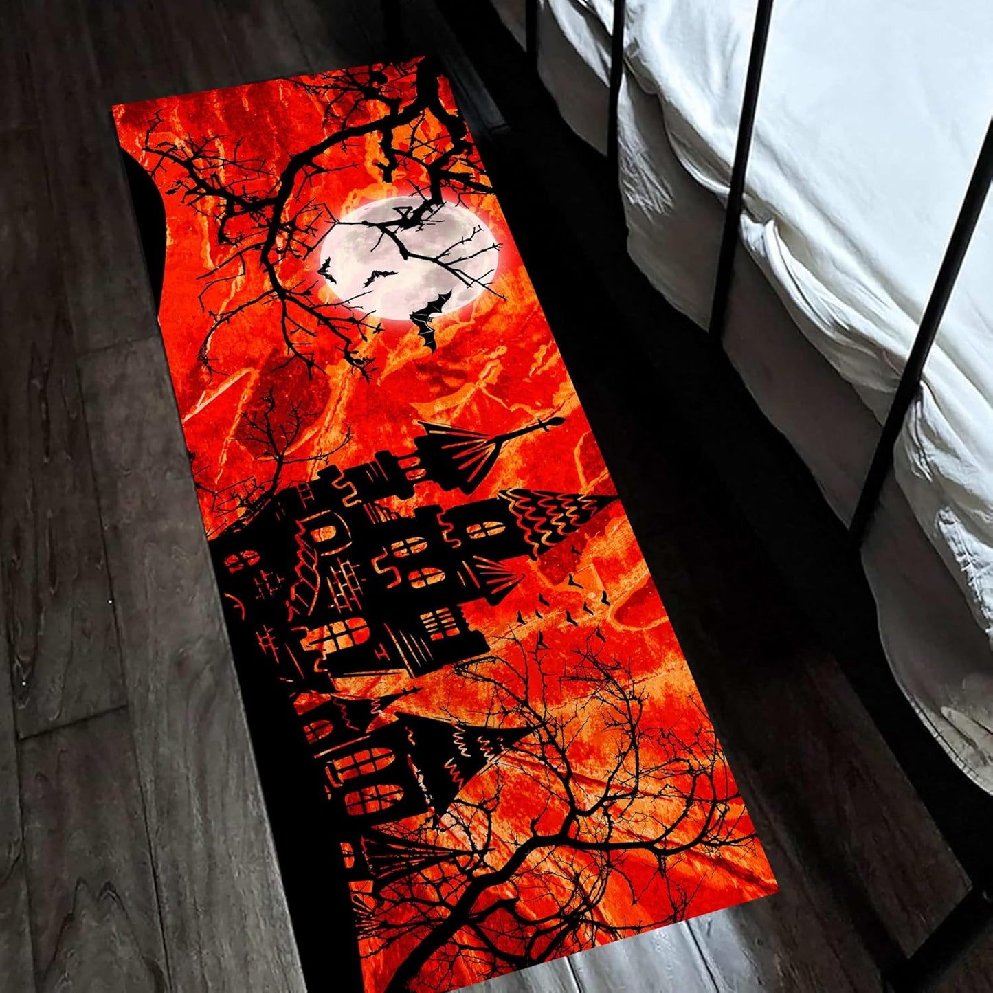 Halloween Hallway Runner Rug, 4x12ft Horror-Themed Gothic Moon, Bats, Red Castle, Witch Area Rugs, Non-Slip, Durable, Easy-to-Clean Long Indoor Entryway Carpet for Living Rooms and Bathrooms