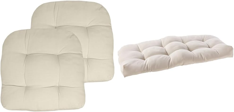 Sweet Home Collection Patio Cushions Outdoor Chair Pads Premium Comfortable Thick Fiber Fill Tufted 19" x 19" x 5" Seat Cover, 2 Pack, Cream