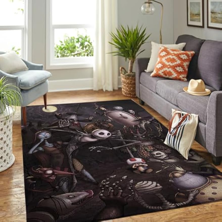 The Nightmare Before Xmas Rug, Christmas 3D Printed Carpet, Non-Slip Washable Area Rug for Living Room, Playroom, Nursery, Bedroom, Halloween Home Decoration (5x7ft)