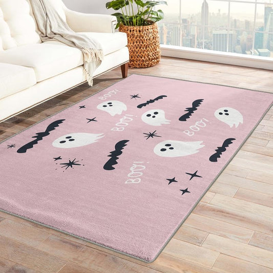 Washable Rugs for Living Room Bedroom, Halloween Rug & Home Decor, Ghost and Bat Area Rug 5x6, Non Slip Soft Low Pile Non-Shedding Indoor Carpet, Decorative Patterned Rug