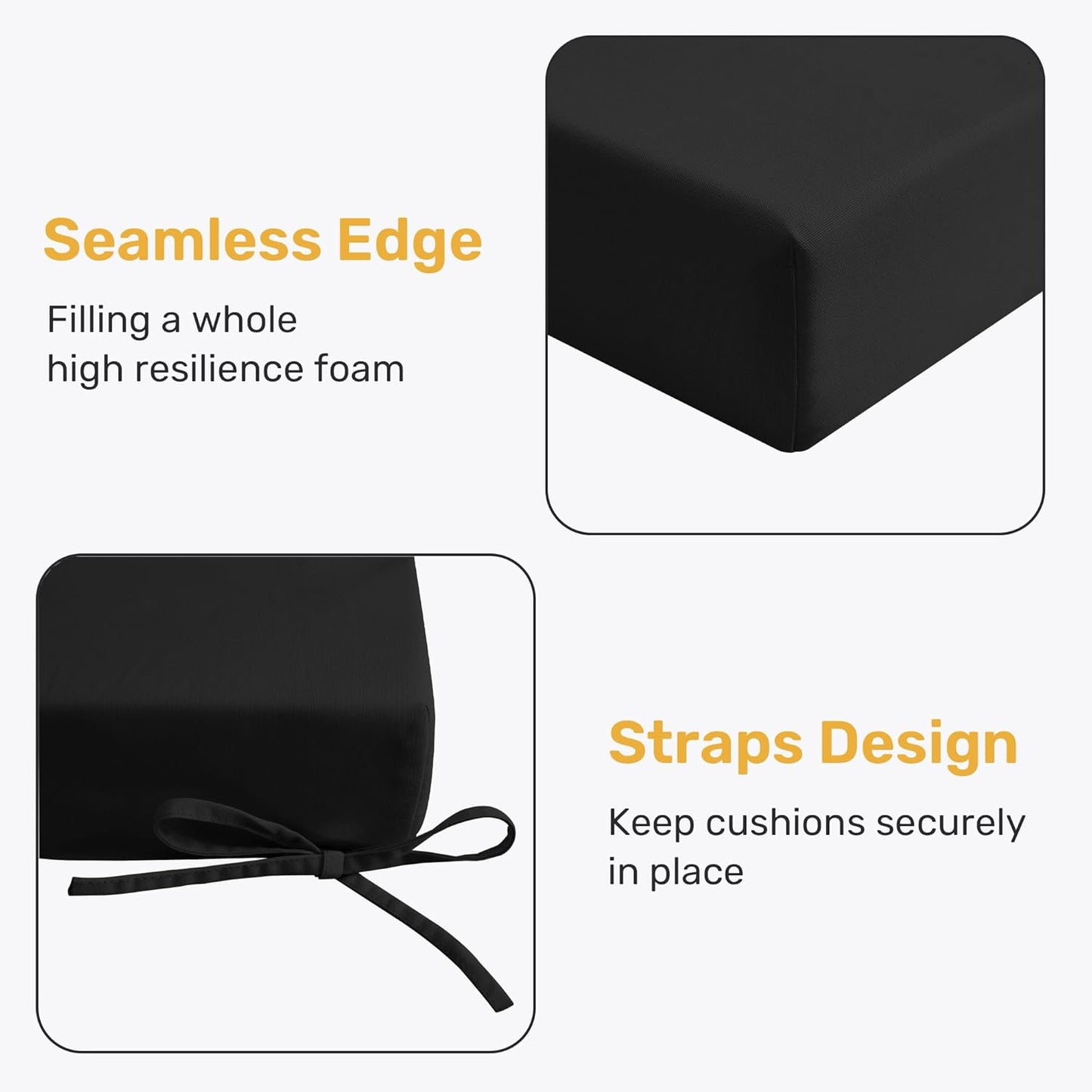 UNIKOME Outdoor Chair Cushions Pack of 4, Water Resistant Patio Cushions with Ties, High Density Sponge Filling Square Corner Seat Cushions for Outdoor Furniture, 18.5"x16"x3", Black